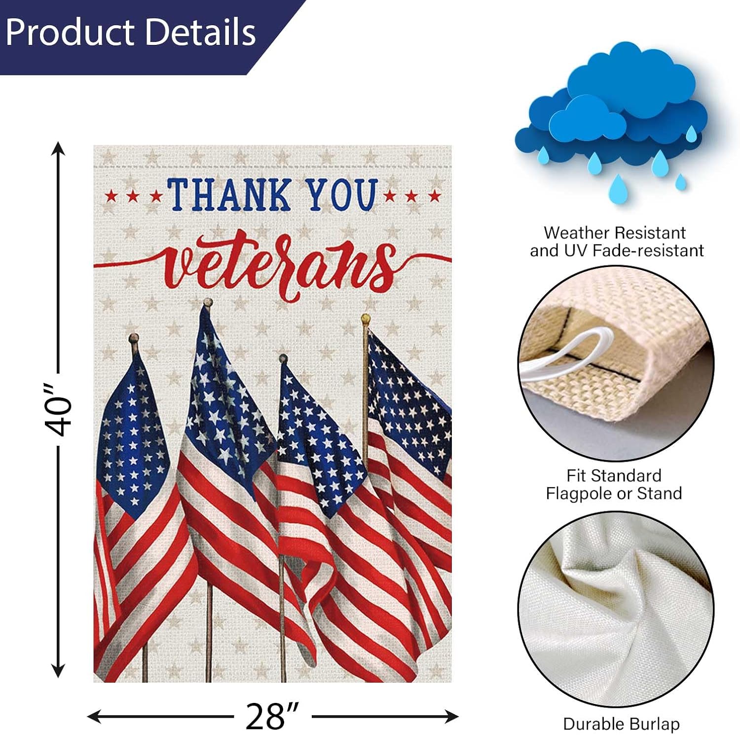 Louise Maelys Thank You Veterans Garden Flag Patriotic Veterans Day 28x40 Inch Double Sided Stars and Stripes Large Burlap Memorial Yard Flag Outside Outdoor House Decor - Image 4