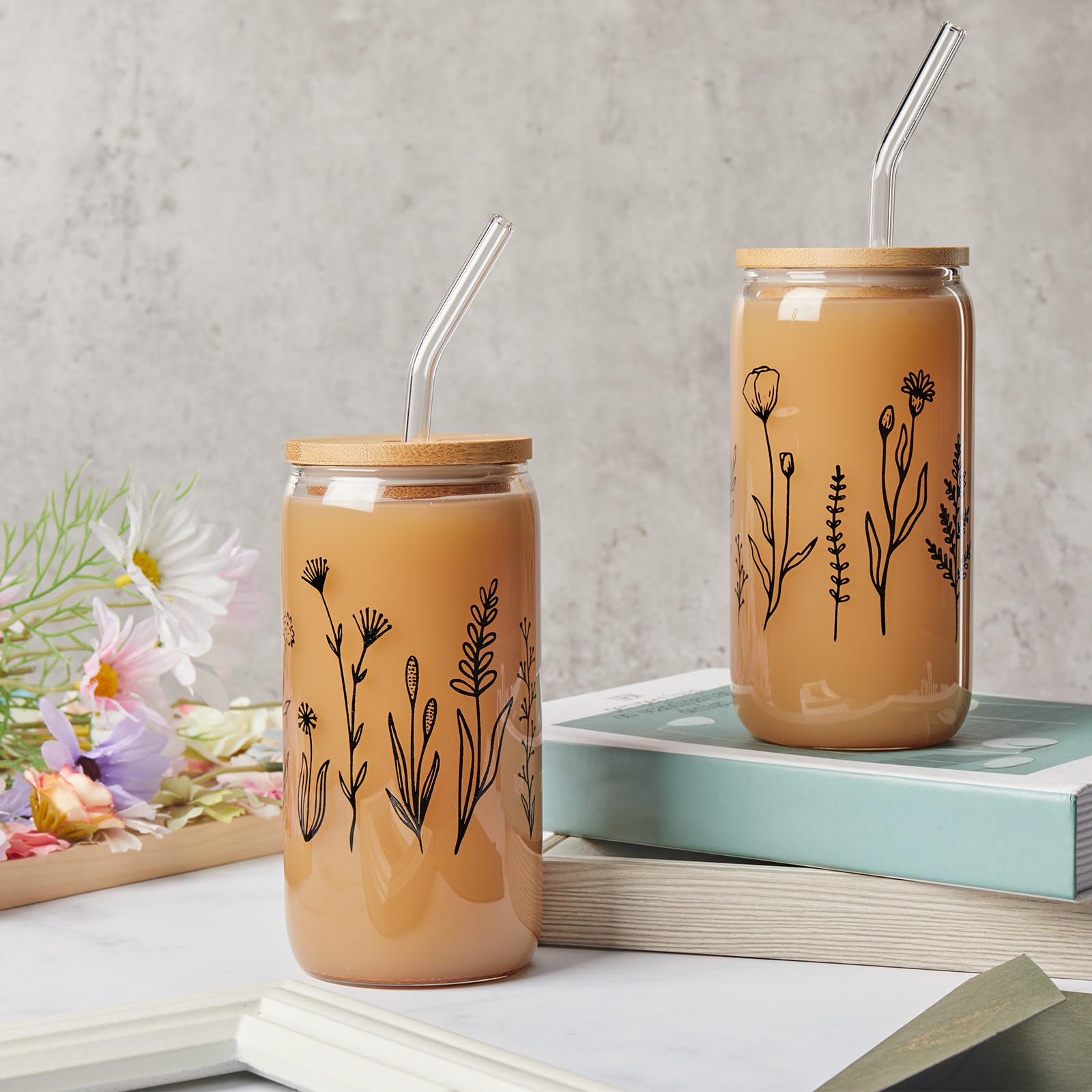 Zubebe Vaso de cerveza con diseño de flores silvestres con tapas y pajilla, vasos florales, taza de café helado, bonito vaso de café estético bohemio con 2 cepillos de limpieza para beber (negro, 4