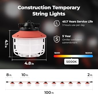 100FT 150W Construction String Light,ETL Certified,18/2 SJTW