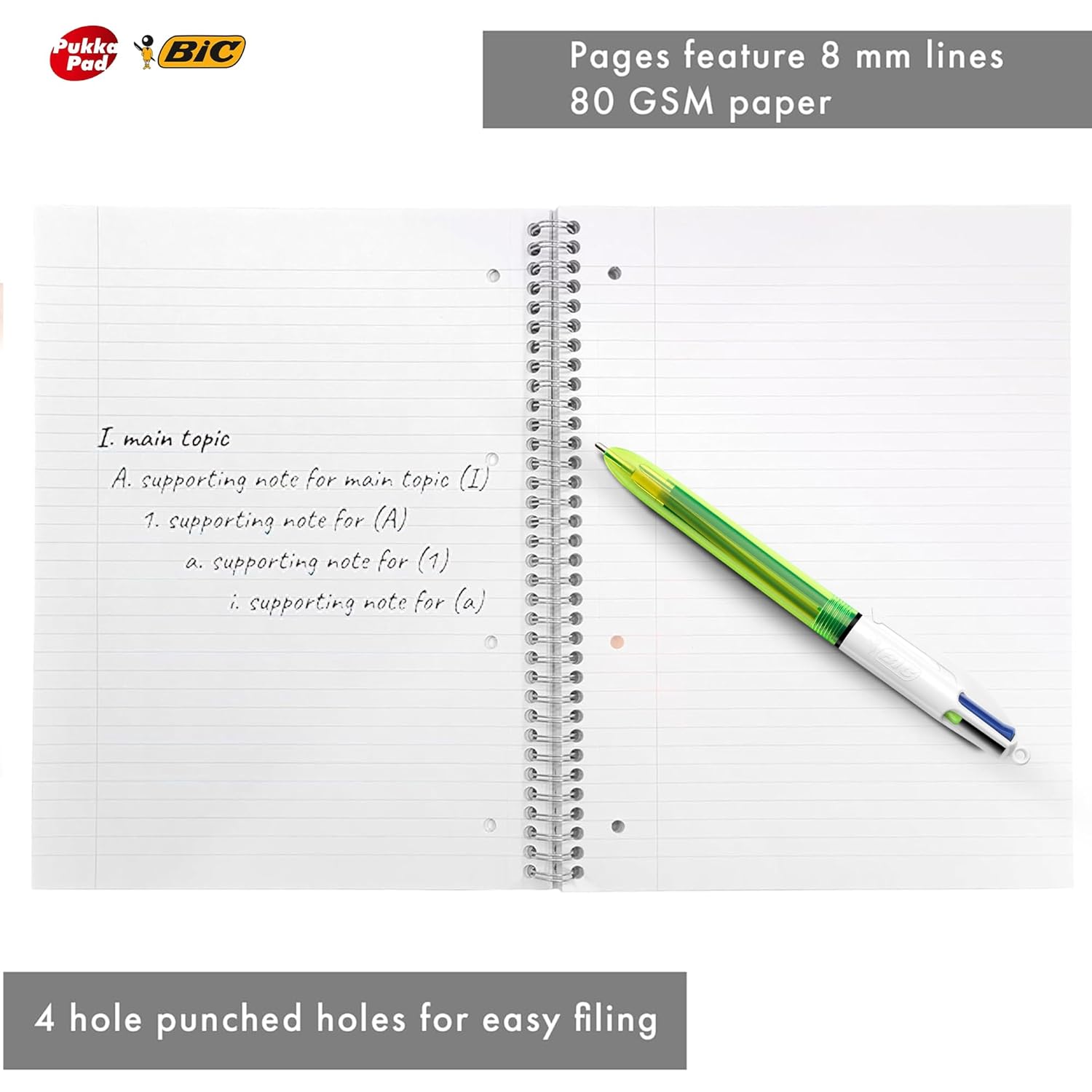 BIC 4 Colours Fluo Ballpoint Pen With Bright Fluorescent Yellow Barrel & Pukka Pad A4 Metallic Jotta 3 Pack Wirebound Notebook 8mm Lines 80GSM Paper for Students and Creative Projects