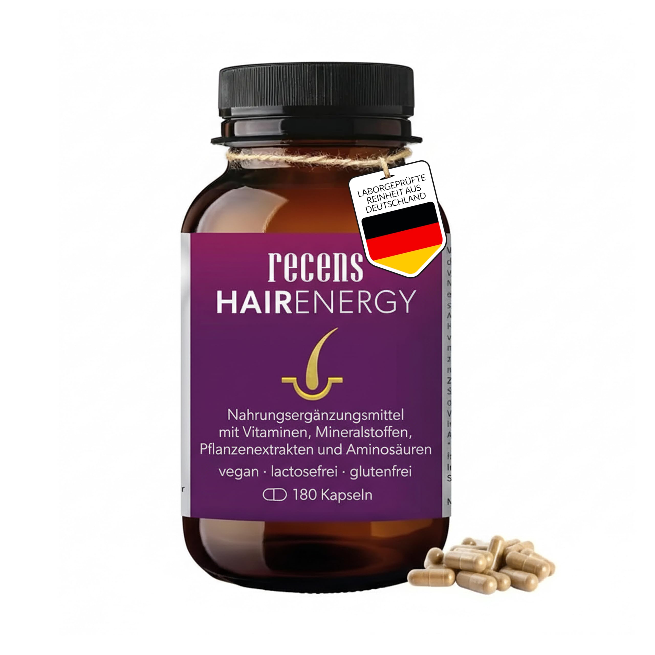 recens Hair Energy – Premium Haar-Vitamine mit Biotin, Zink, Selen, Aminosäuren & Pflanzenextrakten – Für die Erhaltung normaler Haare – vom Apotheker entwickelt – 180 Kapseln (3 Monate)