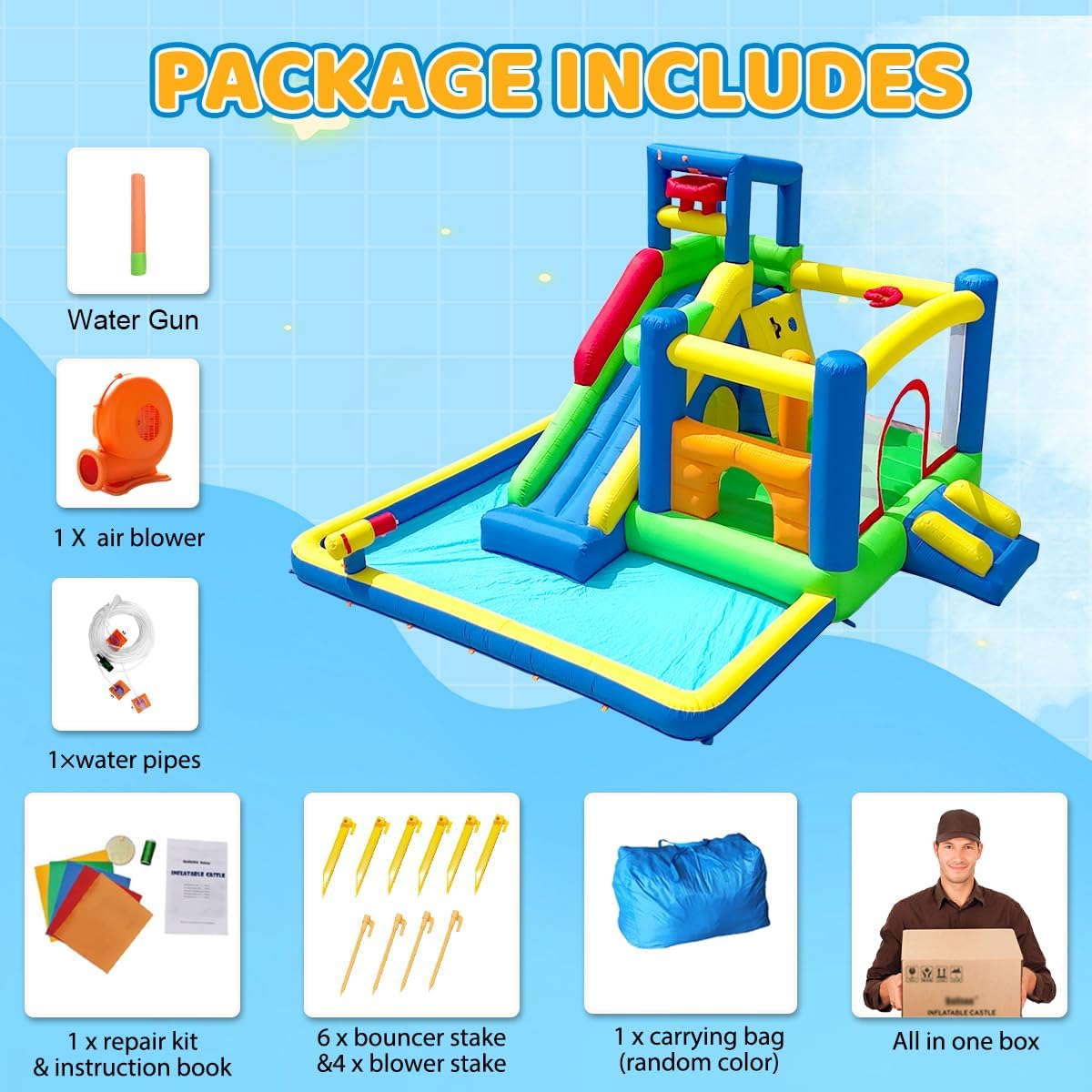 Baralir Inflatable Water Bounce House for Kids with Long Slide, Climbing Wall, Basketball Hoop, Craw-Through Hole, Tunnel & Large Splash Pool – Perfect Inflatable Water Park for 3–10 Year Olds