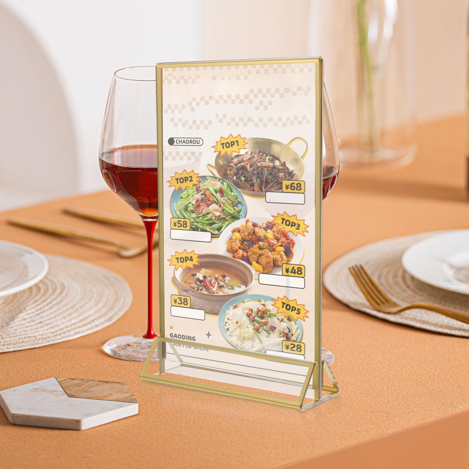Porta Menú Acrílico Dorado de Doble Cara 6 Piezas para Mesa | Expositor de Carteles, para Centros Comerciales y Supermercados, Fácil de Llevar y Guardar