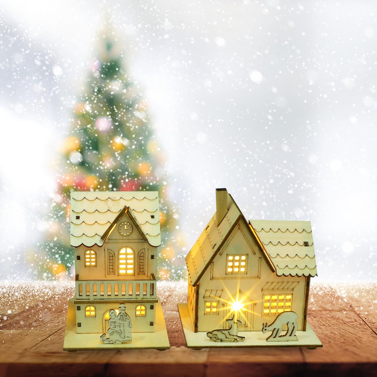 Gatuida Weihnachtsdorf mit Beleuchtung: 3 Stück Weihnachtshäuser mit Beleuchtung Leuchtende Holzhaus Deko Weihnachtsdorf Häuser Weihnachtsstadt Winterdorf für Weihnachten Tischdekoration Kaminsimse