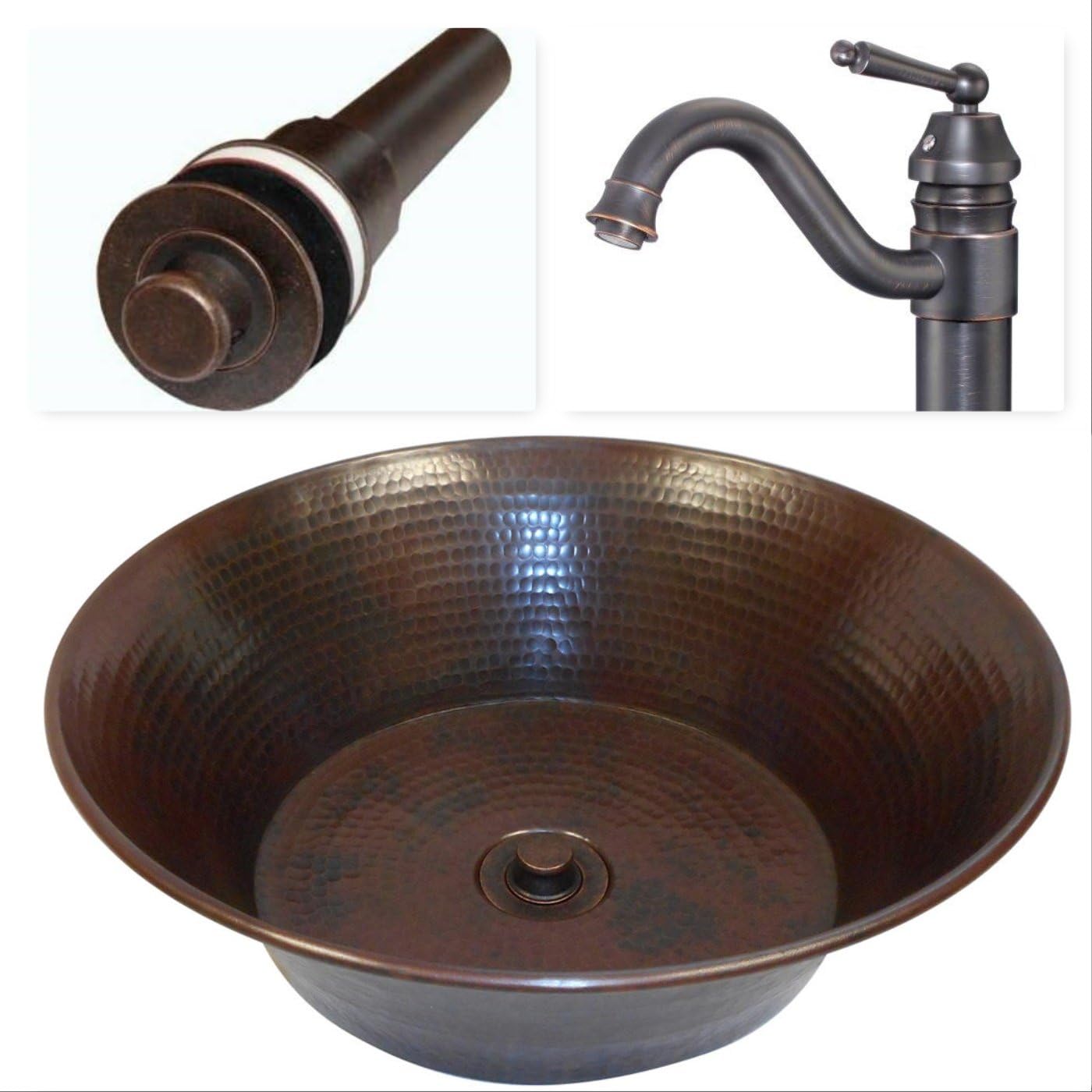 SimplyCopper 15" Round Copper Vessel Bath Sink with Faucet and Drain