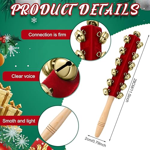 Miniatura 2 de Cindeer 2 Pcs Christmas Hand Sleigh Bells Wooden Handle Jingle Bell Musical Instruments Shaker Rattle Musical Percussion Instrument for Xmas Holiday