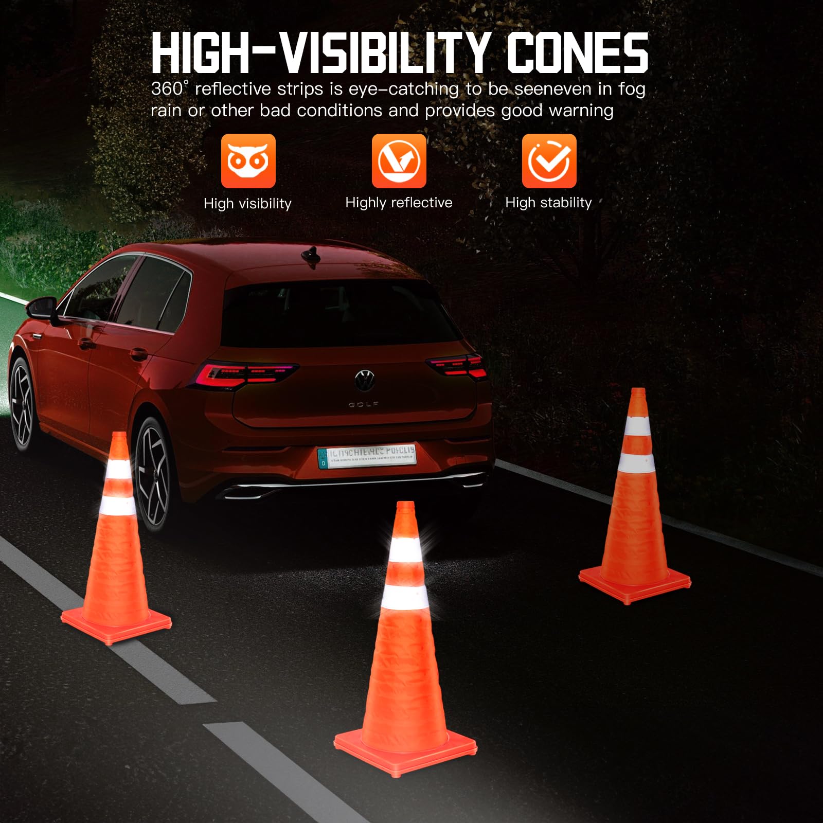 Collapsible Traffic Cones 28 Inch 4 Pack, Traffic Safety Cones, Orange Traffic Cones, Collapsible Safety Cones with Reflective Collars, Parking Cones for Drivers Training Parking Lots - Image 6