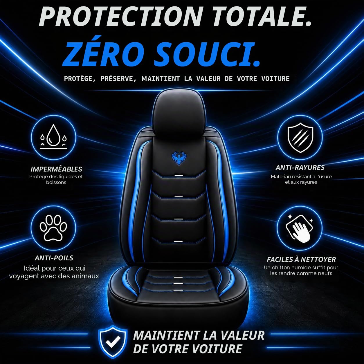 car passion 2 Housses Sportives universelles pour sièges Auto en Simili Cuir Avant avec appuie-têtes, compatibles airbags latéraux, Look Dynamique (2 Housses Bleues)