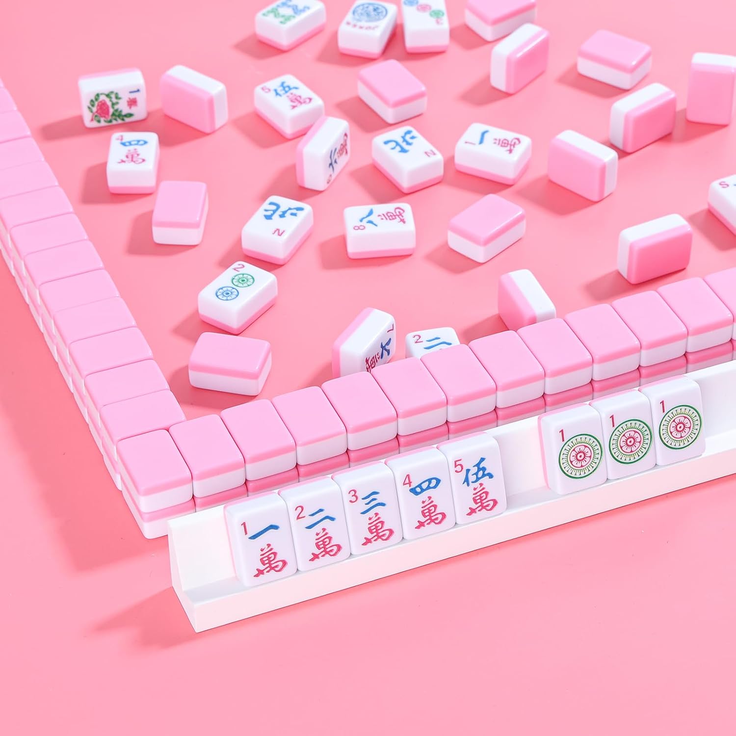 Mini Mahjong Set, American Mahjong Game Set with 166 Pink Tiles (0.94’’/24mm), 4 Racks & Thickened Blue Printed Bag, Portable Travel Mahjong Tiles Set
