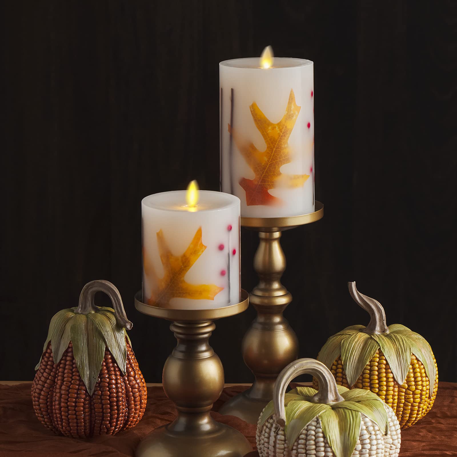 Luminara Candela LED senza fiamma con foglia d'arancio, in vera cera, senza profumo, con bordo incassato, timer (8,9 x 11,4 cm), arancione, rosso