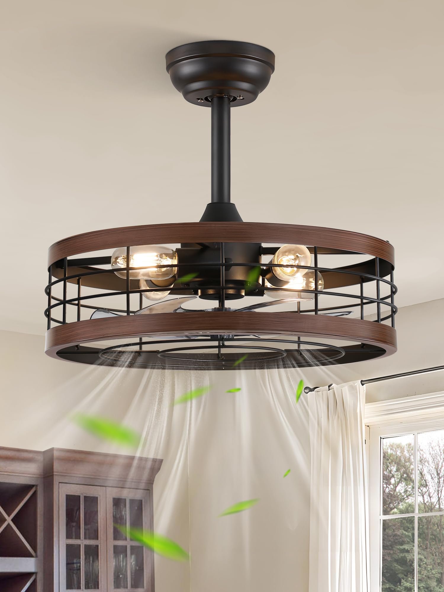 LEDIARY18 inch Black Caged Ceiling Fan with Light, Bladeless Industrial Ceiling Fan with Remote, Farmhouse Fan Lights Ceiling Fixtures for Kitchen, Bedroom, Outdoor（6 Speed, Timing）-Walnut