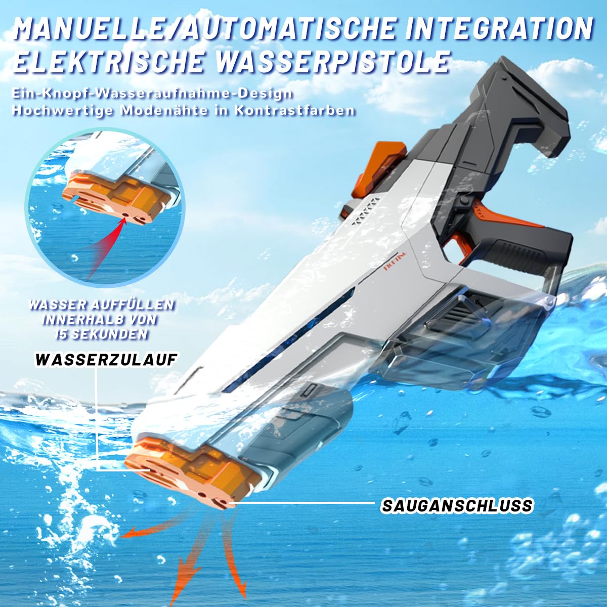 Elektrische Wasserpistole Mit LED – Automatische Wasseraufnahme, Bis 9,75 M Reichweite, Für Pool & Strand