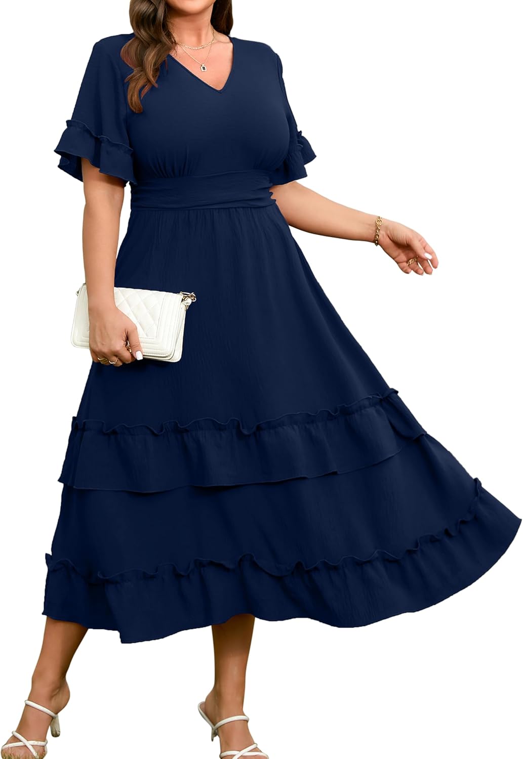 RWJ Womens 2026 Summer Plus Size Wedding Guest Dresses Ruffle Sleeve V Neck A Line Flowy Tiered Maxi Dress