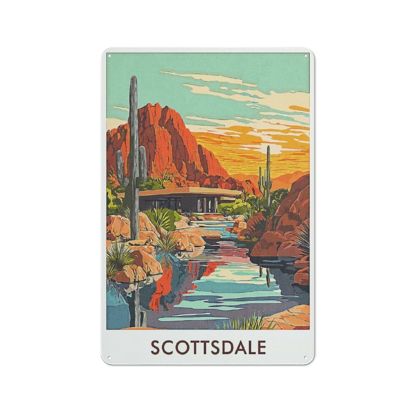 Junmoney Style-24 Cottage Style Scottsdale Desert Landscape Decorative Tin Sign 30X20cm, Rustic Kitchen Decor For Kitchen, Cottage, Porch Or Garden Room