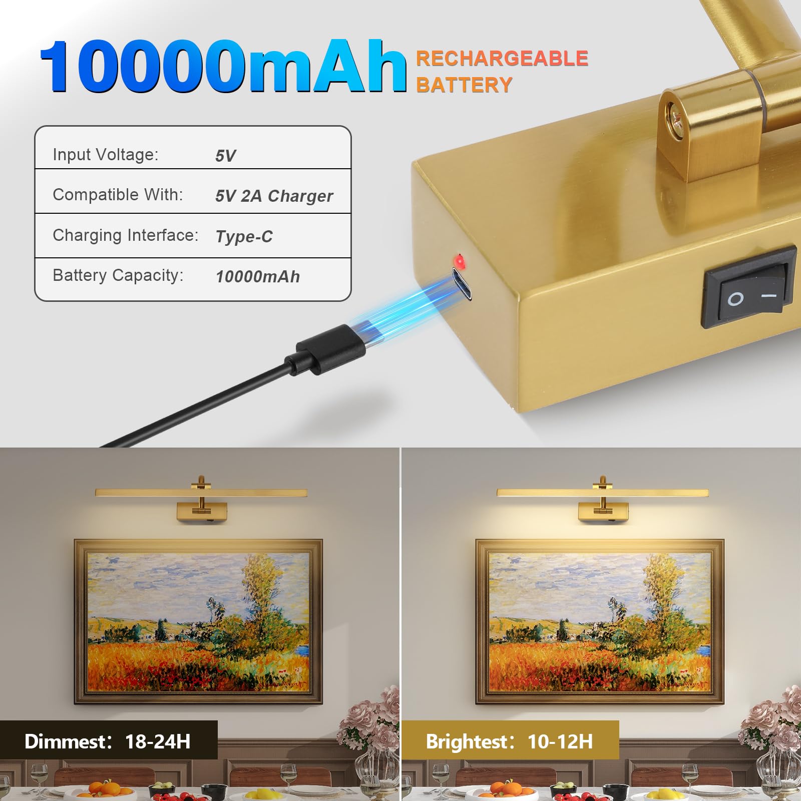 Lampes murales sans fil à piles, éclairage d'art en laiton pour peintures, lumières de galerie rechargeables avec télécommande et minuterie, lumières de peinture à intensité variable 3CCT pour œuvres