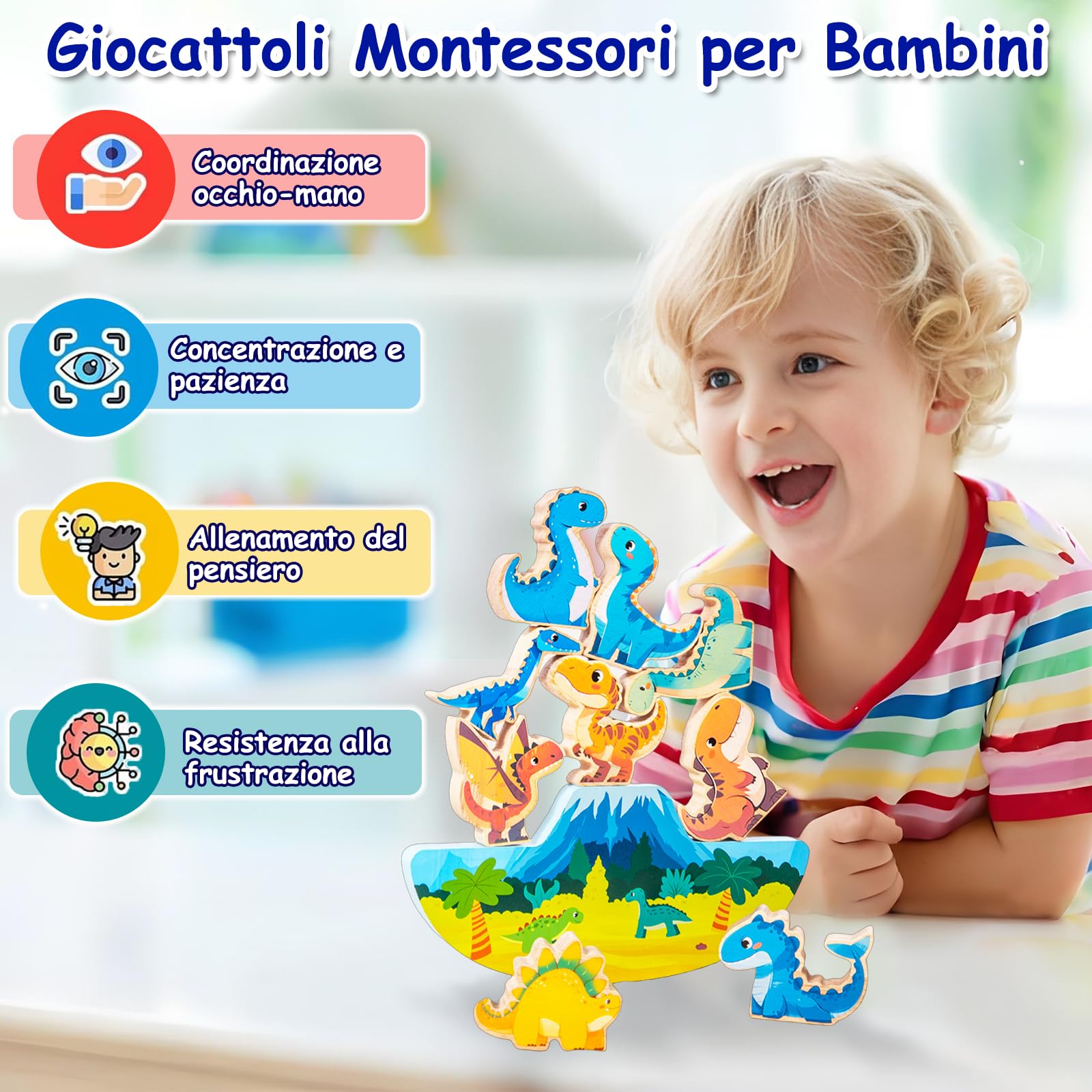 Echehi Dinosauro Giochi per Bambini, 11 pezzi Giochi Montessori per Bambini dai 18 Mesi in su, Apprendimento STEM, Capacità Motorie Fini e Interazione Genitore-figlio