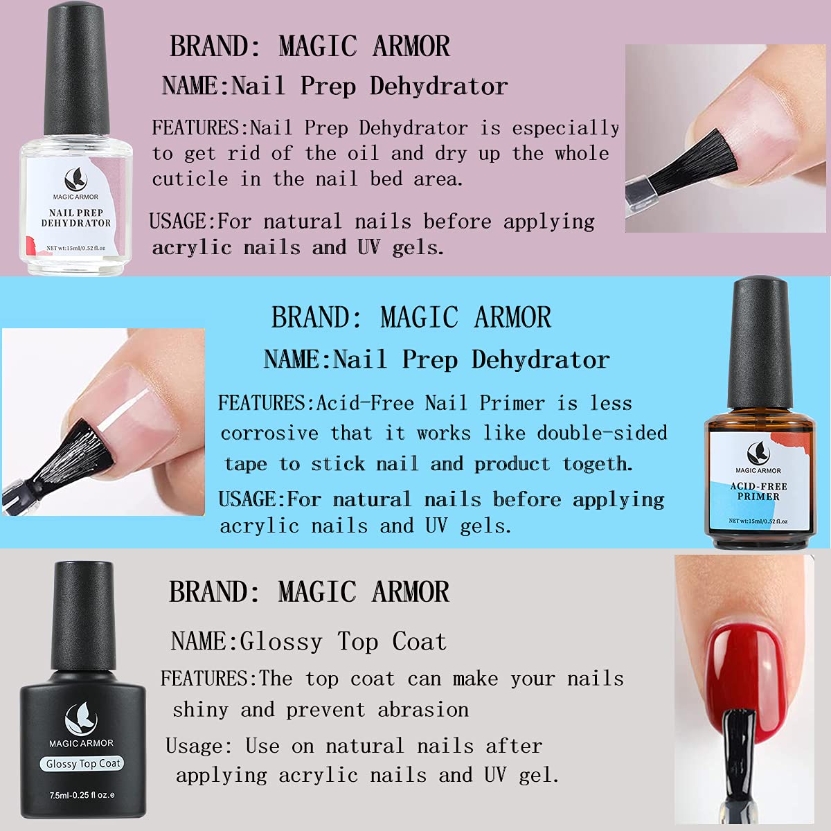 MAGIC ARMOR Primer Unghie e Nail Prep Disidratatore per Unghie e Glossy Top Coat,Primer non Acido e Dehydrator a Acid Free per Polvere Acrilica e Smalto Semipermanente Gel 15ml Disidratante per Unghie