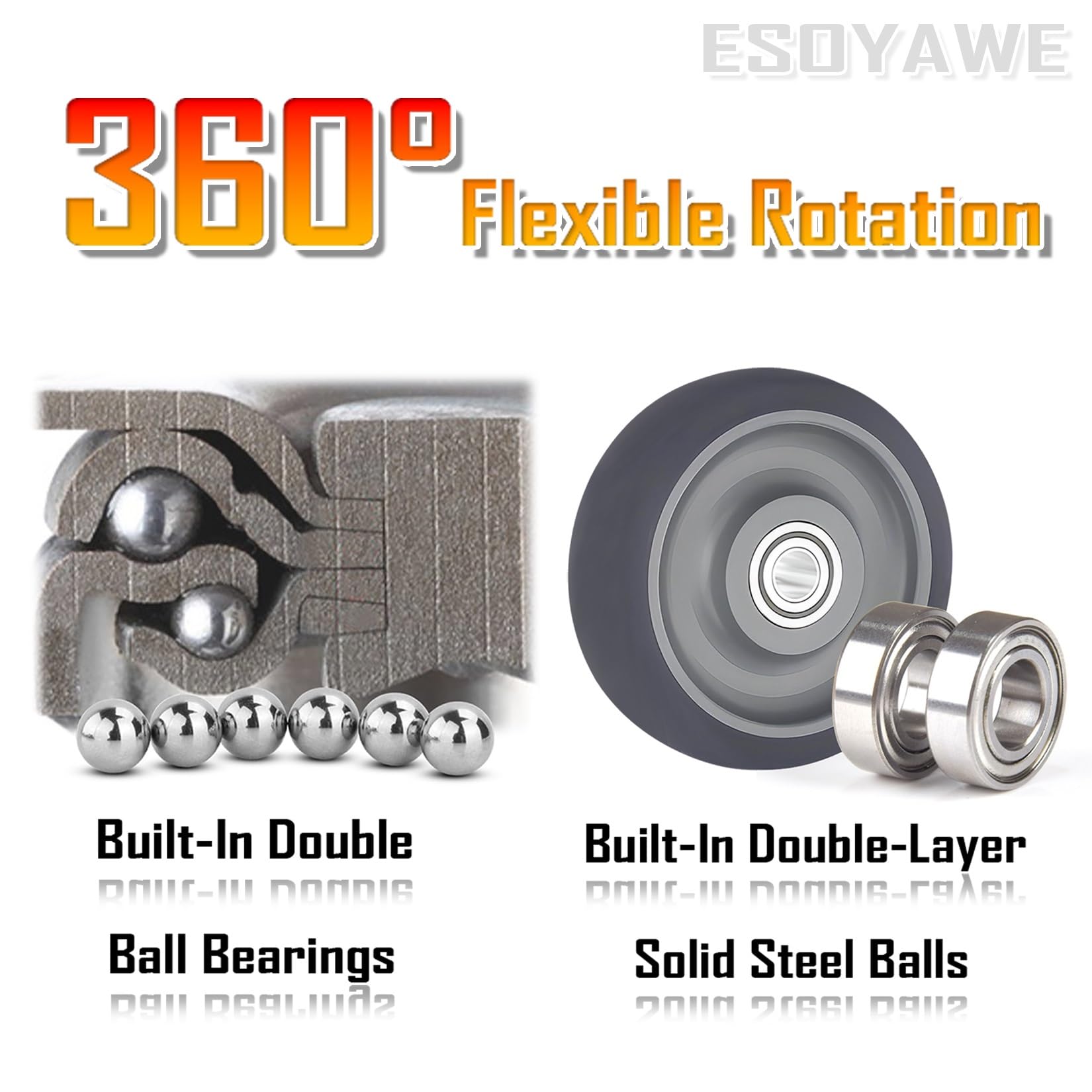 ESOYAWE Rotelle Girevoli Filettate M12 per Impieghi Gravo Set di 4, Silenzioso E Senza Traccia Ruote in Poliuretano con Freni, 63mm 75mm 100mm Rotelline di Ricambio per Carrello E Mobili(Brake,63mm)