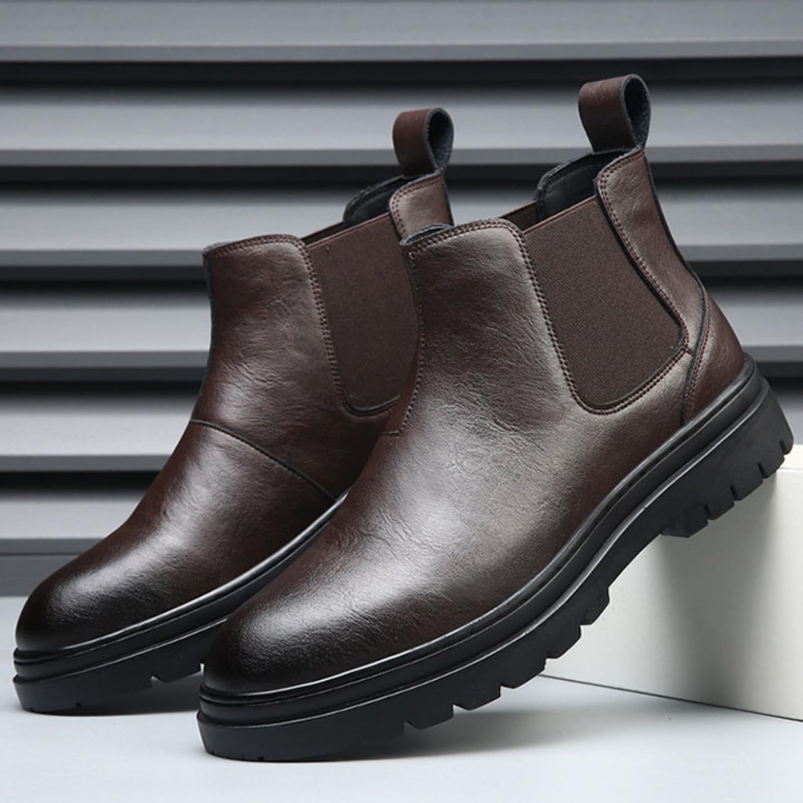 Genérico Hombre Tacón Plano Botas Cortas De Plataforma Punta Redonda Cuero PU Botines Chelsea Sin Cordones Bota Casuales