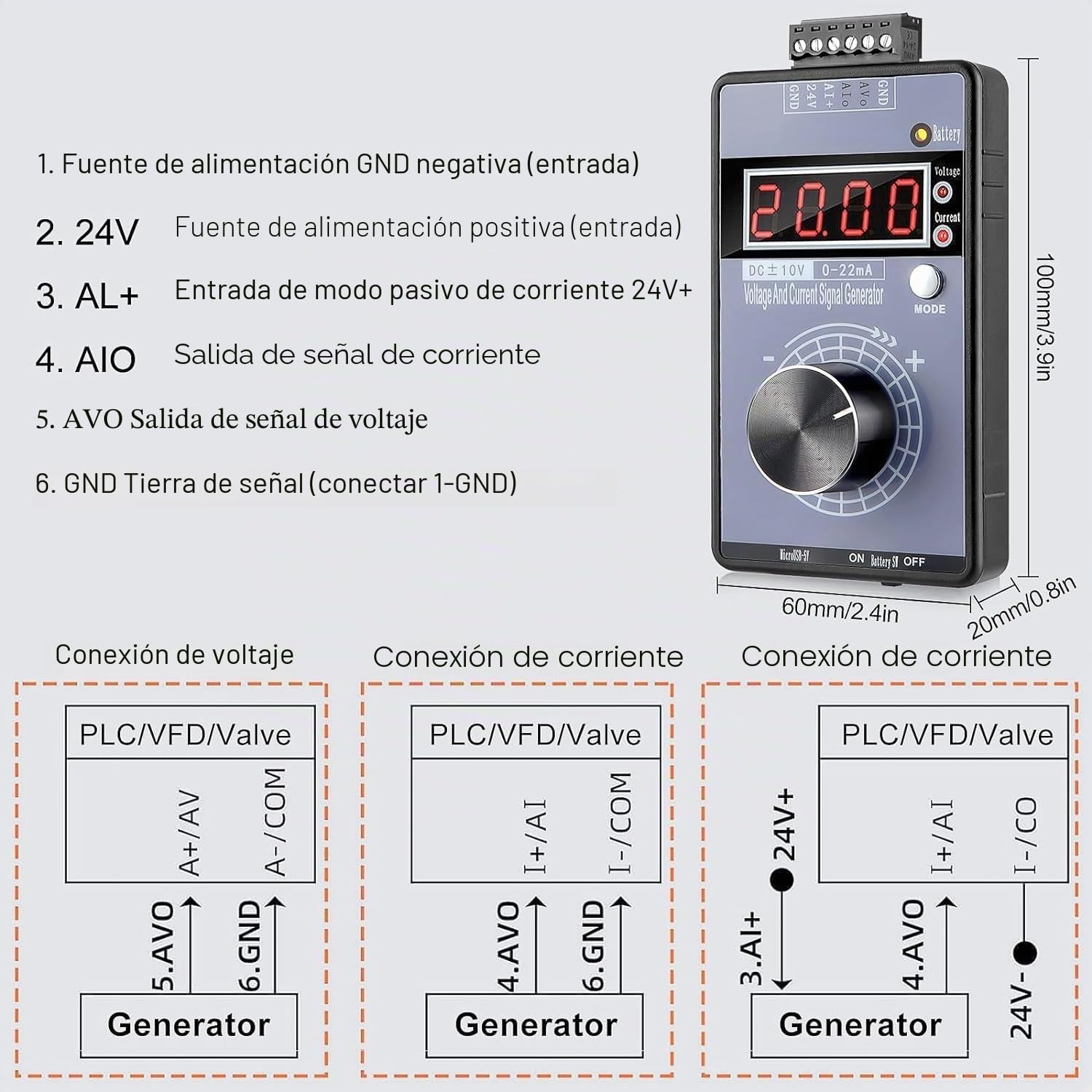 Generador De Señal Digital Portátil, Voltaje del generador de señal de mano ± 0-5-5-10V+ corriente 0-4-20MA Calibrador de fuente de señal analógica Calibrador para Probar y Calibrar Equipos