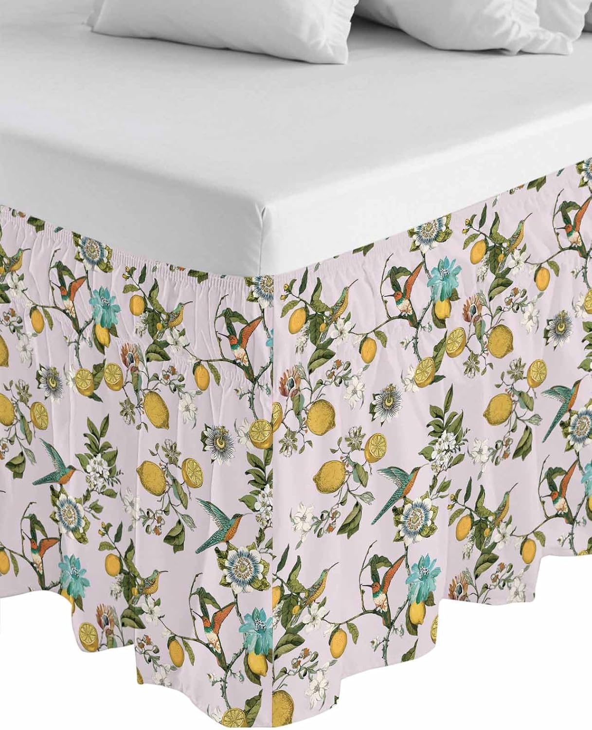 Pink Botanical Bed Skirt King Size 16 Inch Drop, Adjustable & Elastic Wrap Around Bed Skirts Pleated Luxury Dust Ruffles for Twin Full Queen Cal King Base Bed, Spring Floral Summer Lemon Birds