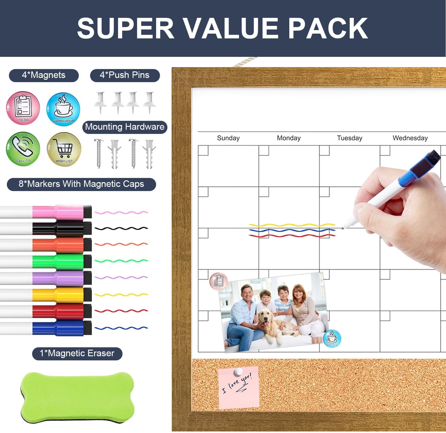 Calendar Whiteboard for Wall, 18x24 Inches White Board Calendar Dry Erase, Magnetic Monthly White Board with Gold Wood Frame, Hanging Dry Erase Board for Kitchen Home Office School Planner