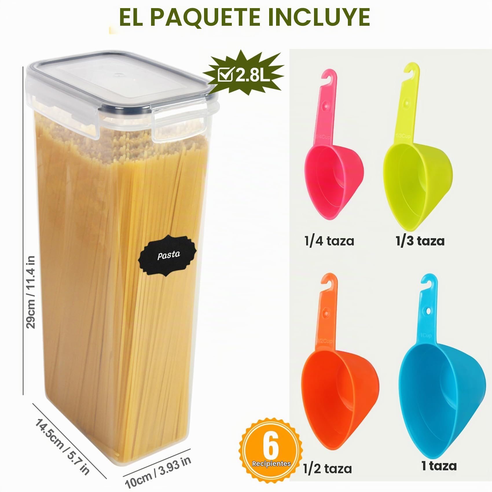 Cinnani 2.8L Botes Cocina Almacenaje 6 Piezas, Recipientes para Alimentos de Plástico, sin BPA, Botes Cocina Hermeticos Contenedores para Cereales, Pasta, Arroz, Harina