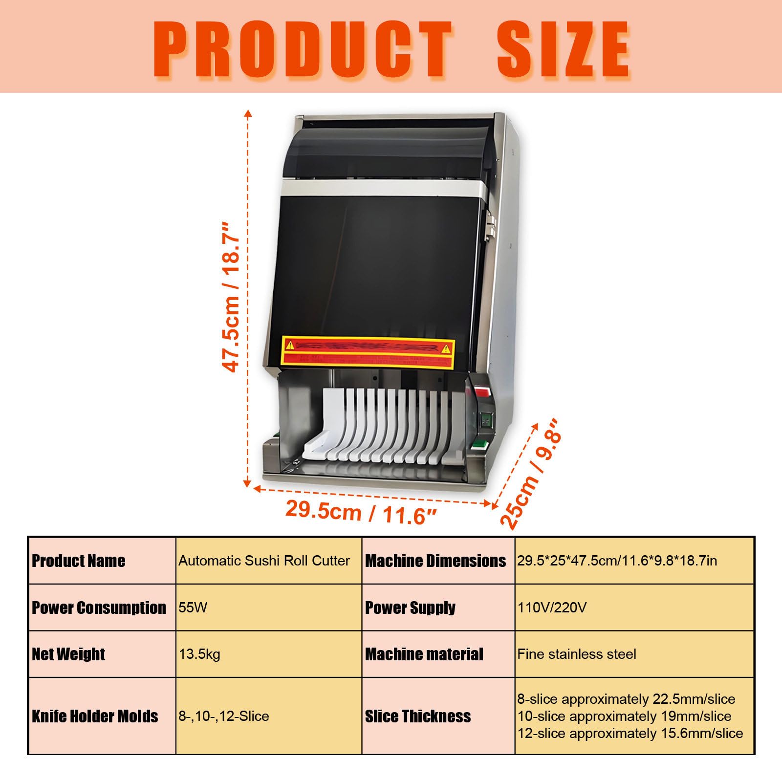 Automatische Sushi Maker Maschine, 55W Edelstahl Sushi Cutter mit Not-Aus-Taste und Werkzeugschutz für Zuhause und Cafeteria, glatte Inzision