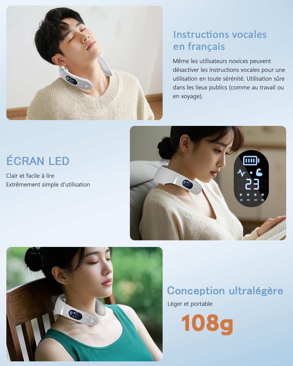Masseur Cervical, Masseur électrique Portable à 6 têtes avec Thérapie Thermique à 42°C, 12 Modes 22 Niveaux, Fonction Vocale Intelligente, écran LCD, Convient à la Maison et au Bureau