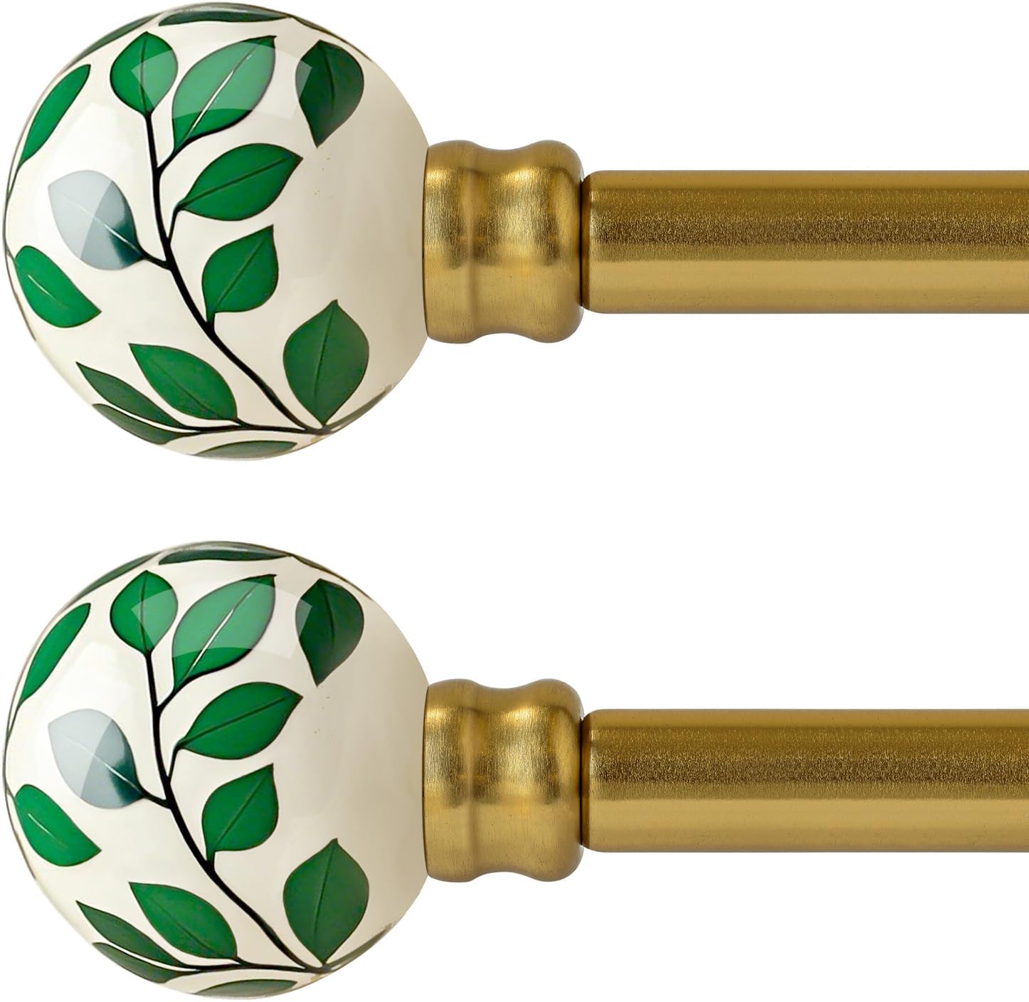 Ceramic Curtain Rods Gold Set of 2 for Windows 28 to 48 Inches Adjustable Length Duty 1" Diameter Window Curtain Rod with Modern Green Leaf Pattern Decorative Finials for Bedroom Living Room Kitchen