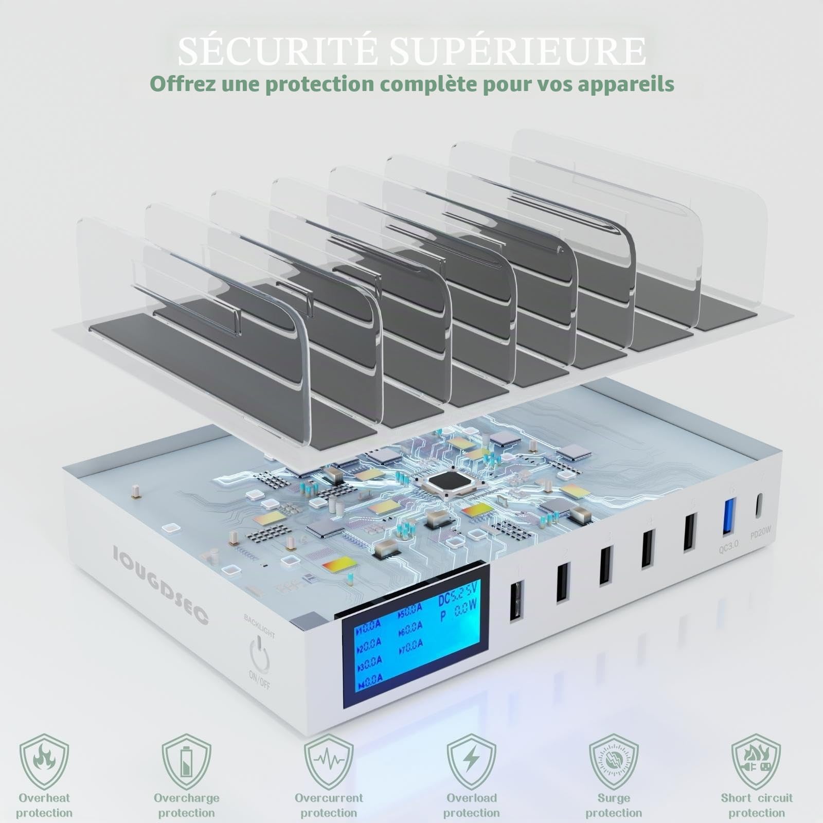 Station de charge rapide PD20W QC3.0 multi-ports USB, station de charge 7 en 1 pour plusieurs appareils avec écran LCD compatible avec iPhone, iPad, Samsung, Huawei et plus encore