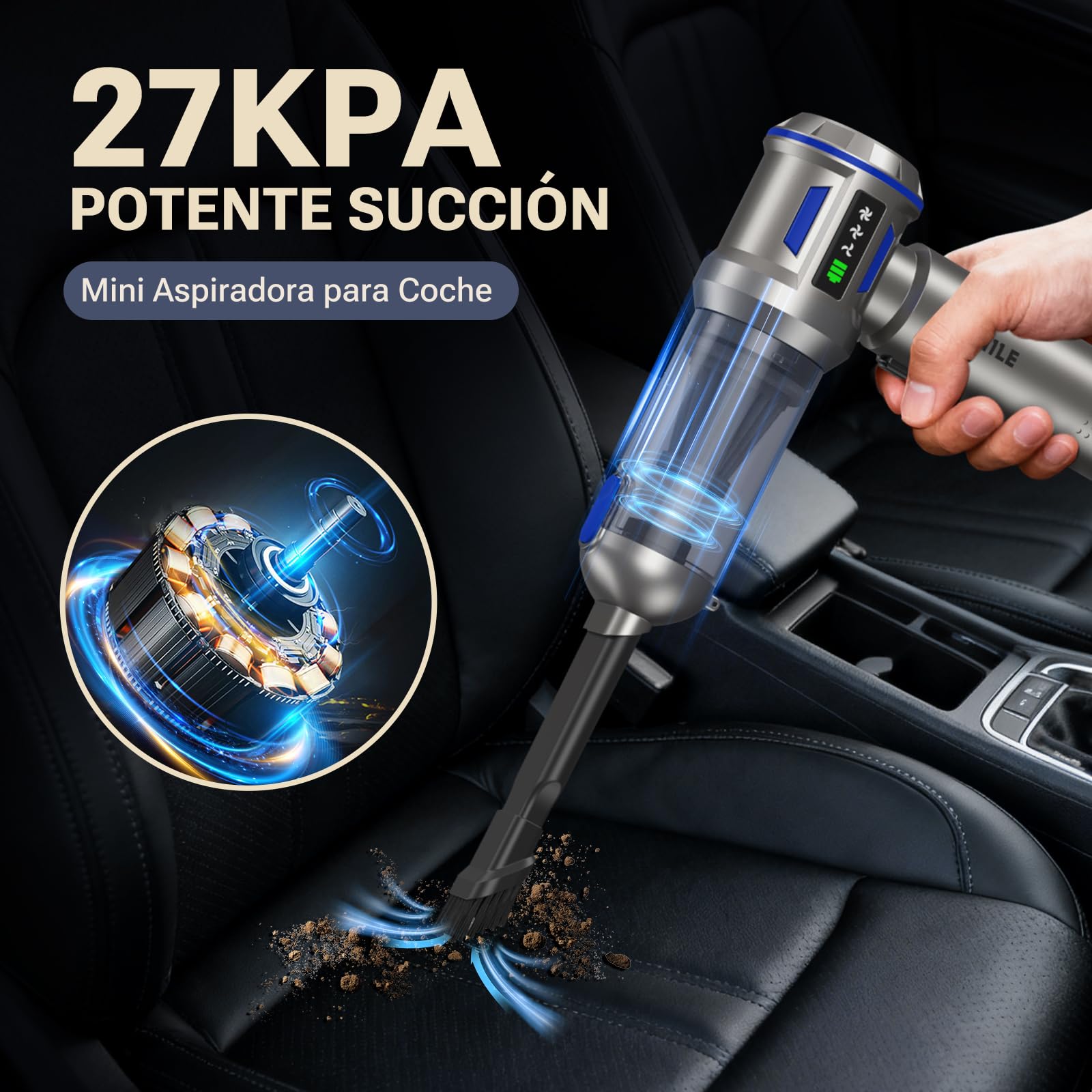 Yomile Aspirador de Mano, 27000Pa/120W, Aspiradora sin Cable Coche 4 en 1, Aspiradoras de Mano con Motor sin Escobillas de 250.000 RPM, para Coche/para Uso en la Oficina/la Cocina