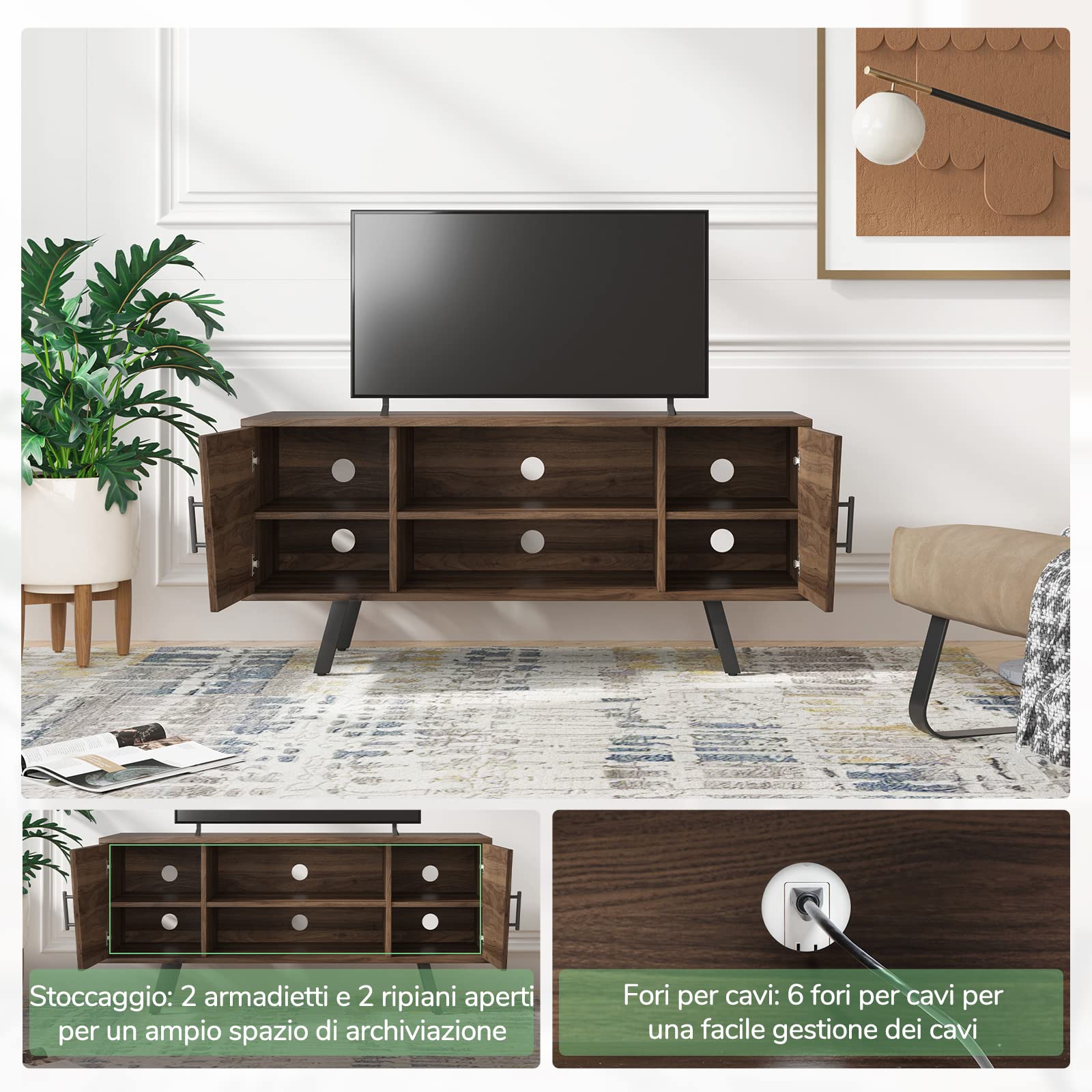 Novilla Mobile TV Mobiletto Basso per TV Fino 50", Montaggio facile, Ispirazione del design dalla torre, con 2 Armadietti, 6 Fori Passacavi e 2 Ripiani con Altezza regolabili, Noce
