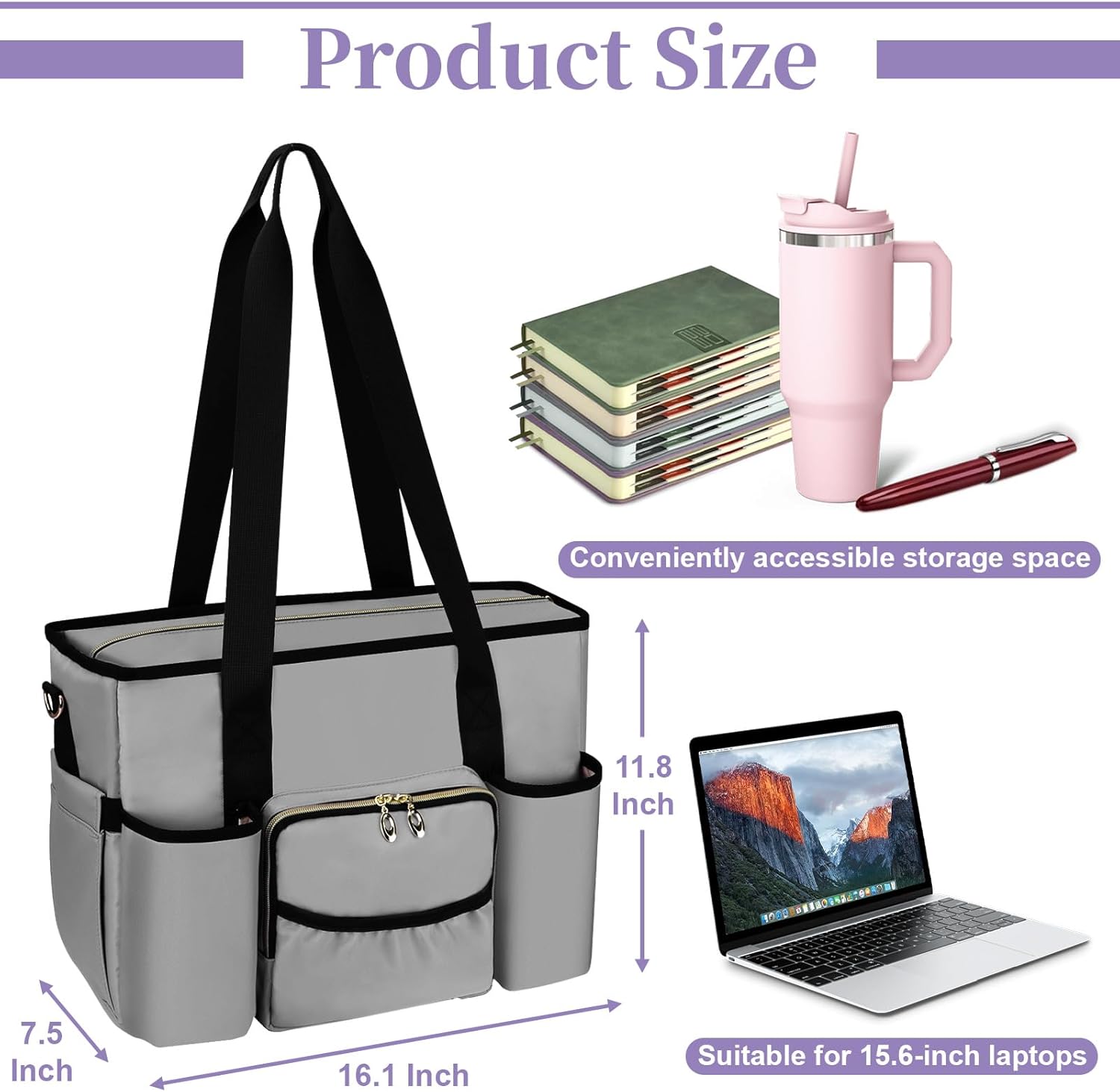 Nurse Bag, Work Bags with 15.6-inch Laptop Compartment, Teacher bag with Large Cup Holder, Nursing Tote Bag with Insulated Pocket for Nurses, Teachers, Students, and Professionals, Grey - Image 3