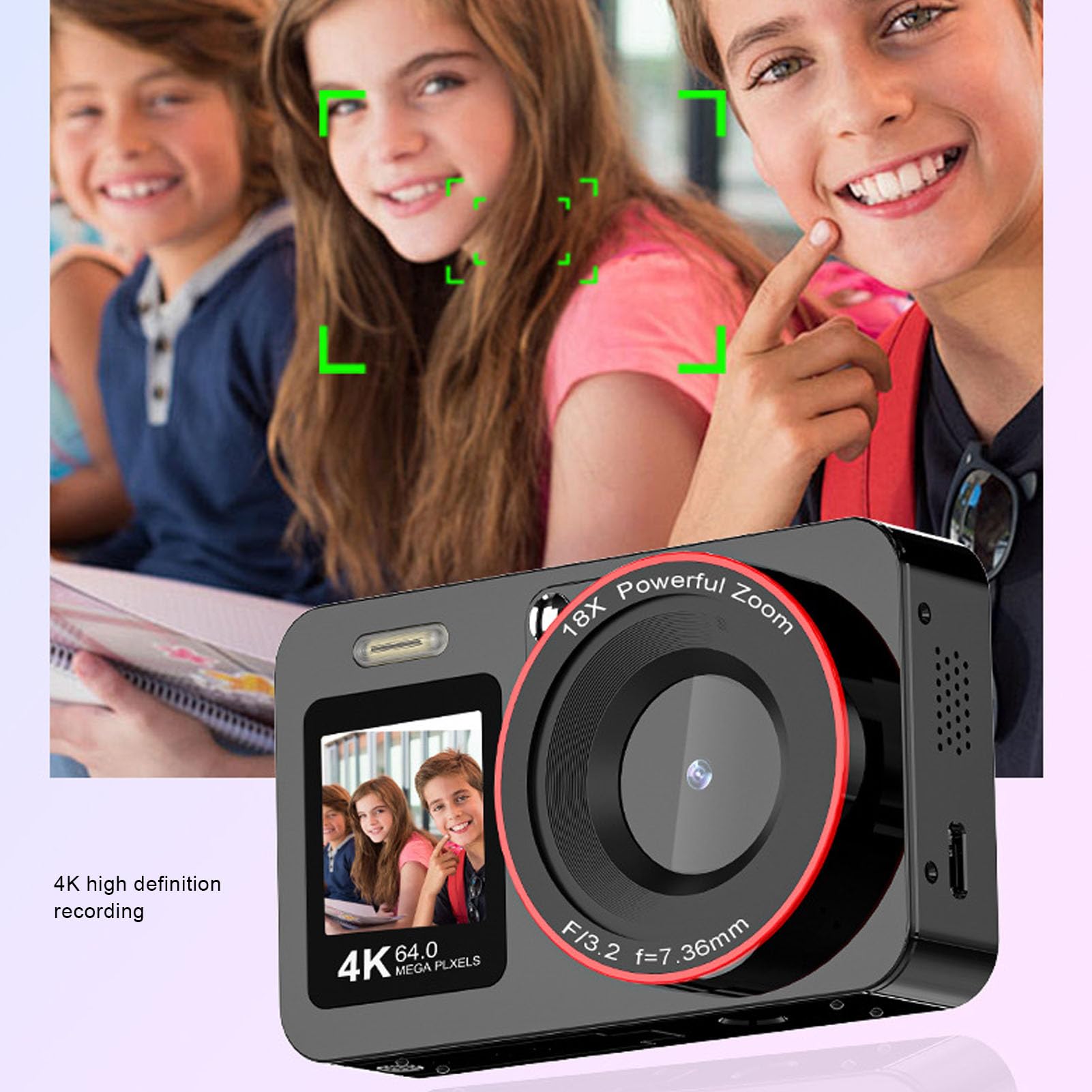 Tosuny Fotocamera Digitale 4K, Fotocamera Selfie con Doppio Schermo HD da 64MP e Zoom 18X con Flash Incorporato, per Fotografia Registrazione Video Principianti Studenti Adolescenti (Black)