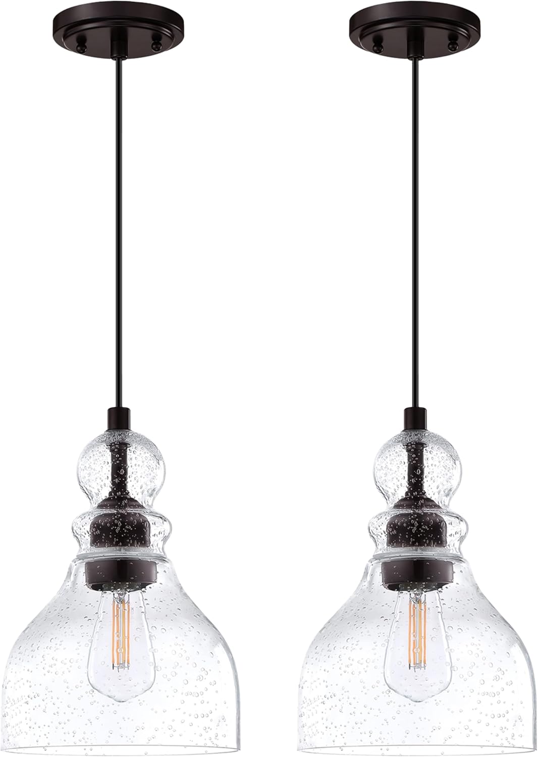 2 Pack 1 Light Pendant Ceiling Light Kitchen Island Modern Industrial Farmhouse 6.5" Hand Blown Seeded Glass Oil Rubbed Bronze Finish for Bedroom Over Sink Restaurant bar Corridor 2 Pack Oil Rubbed Bronze Cord
