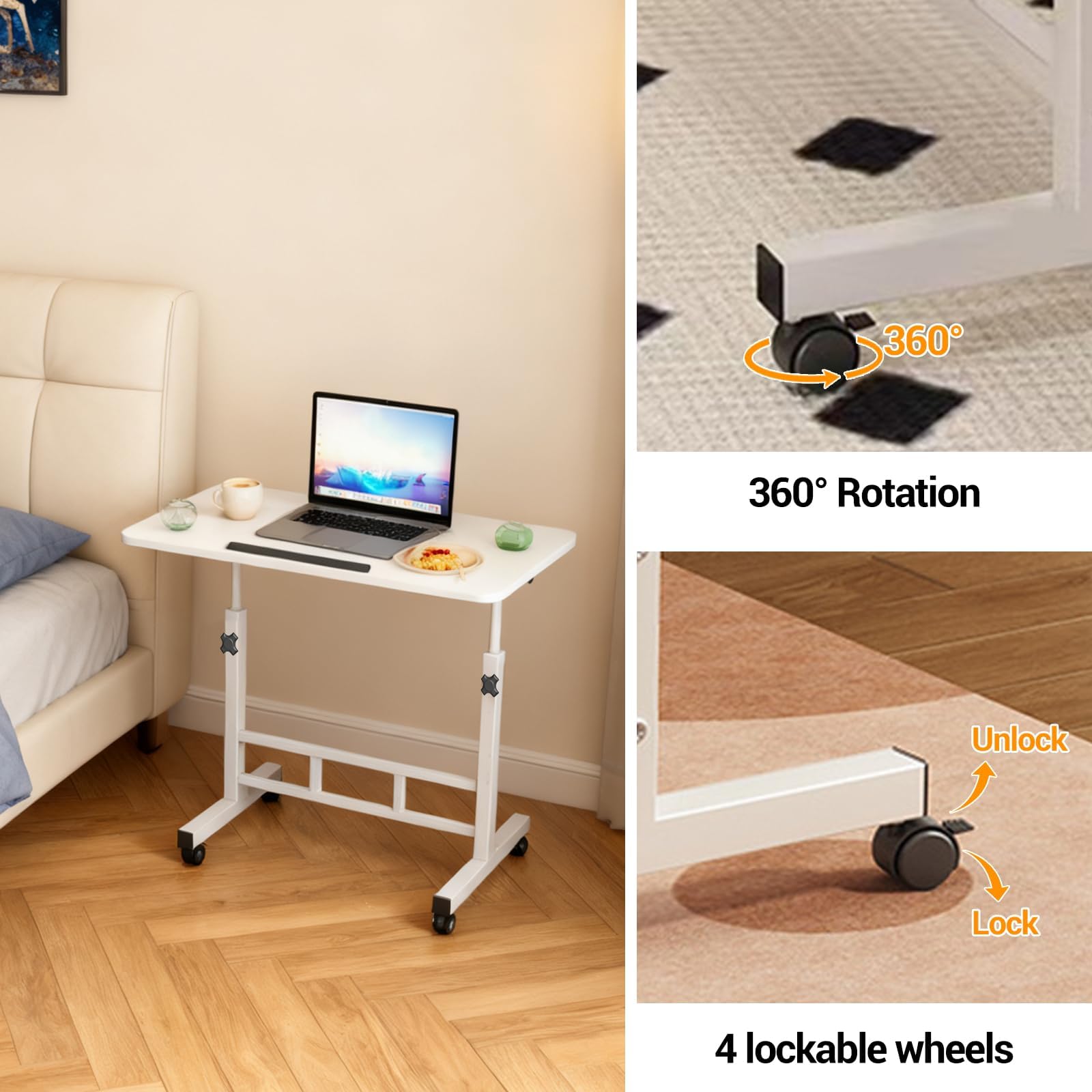 GarveeHome Bureau d’Ordinateur Mobile Assis-Debout sur roulettes verrouillables, Hauteur réglable 65-87 cm, Plateau inclinable, Pliable Gain de Place, 60 x 40 cm, White 60 * 40CM
