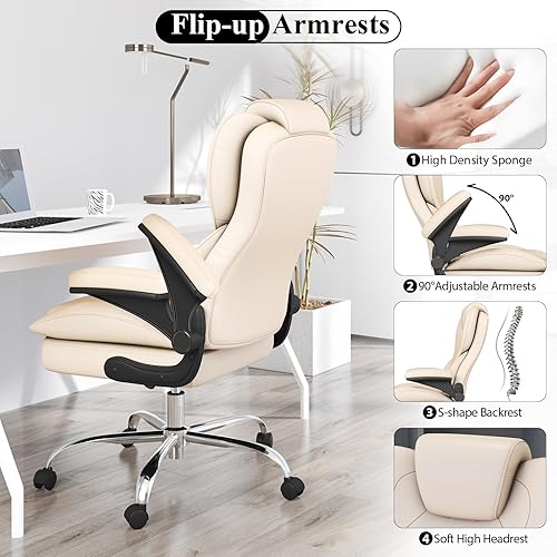 Vista 5 de Office Desk Chair, Executive Leather Office Chair, High Back Ergonomic Home Desk Chair with Padded Flip-up Arms, Big and Tall Computer Chair with