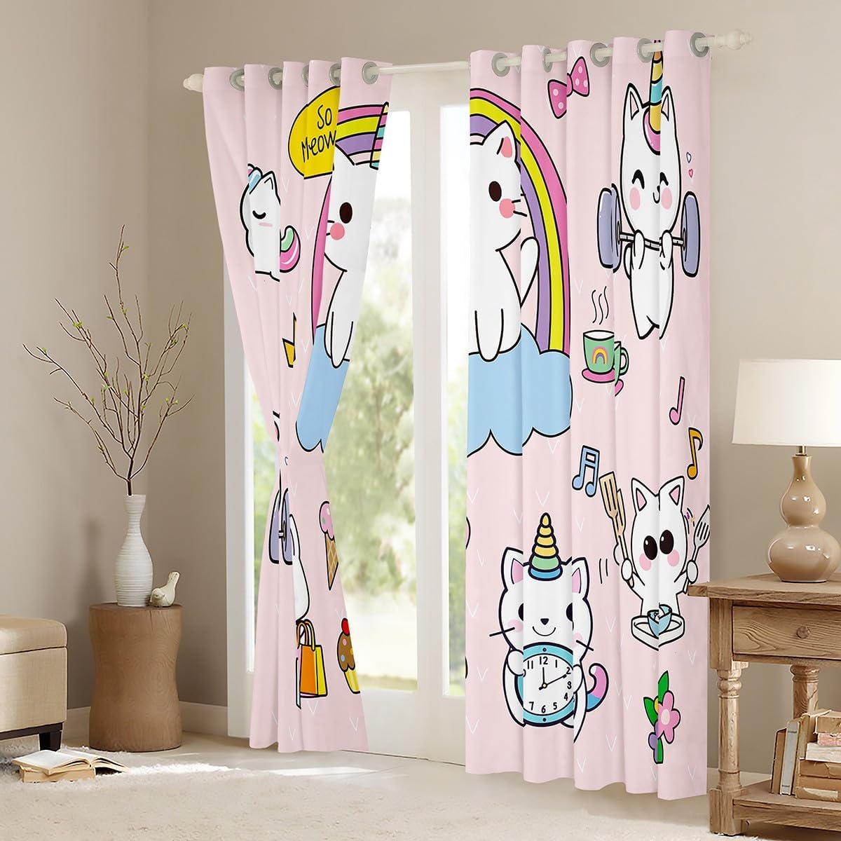 Feelyou Unicorn Cat Curtains for Bedroom Living Room Cartoon Unicorn Printed Blackout Curtains for Kids Girls Cute Kitten Pattern Windows Drapes Rainbow Unicorn Curtains,42 X 63 Inch,2 Panels