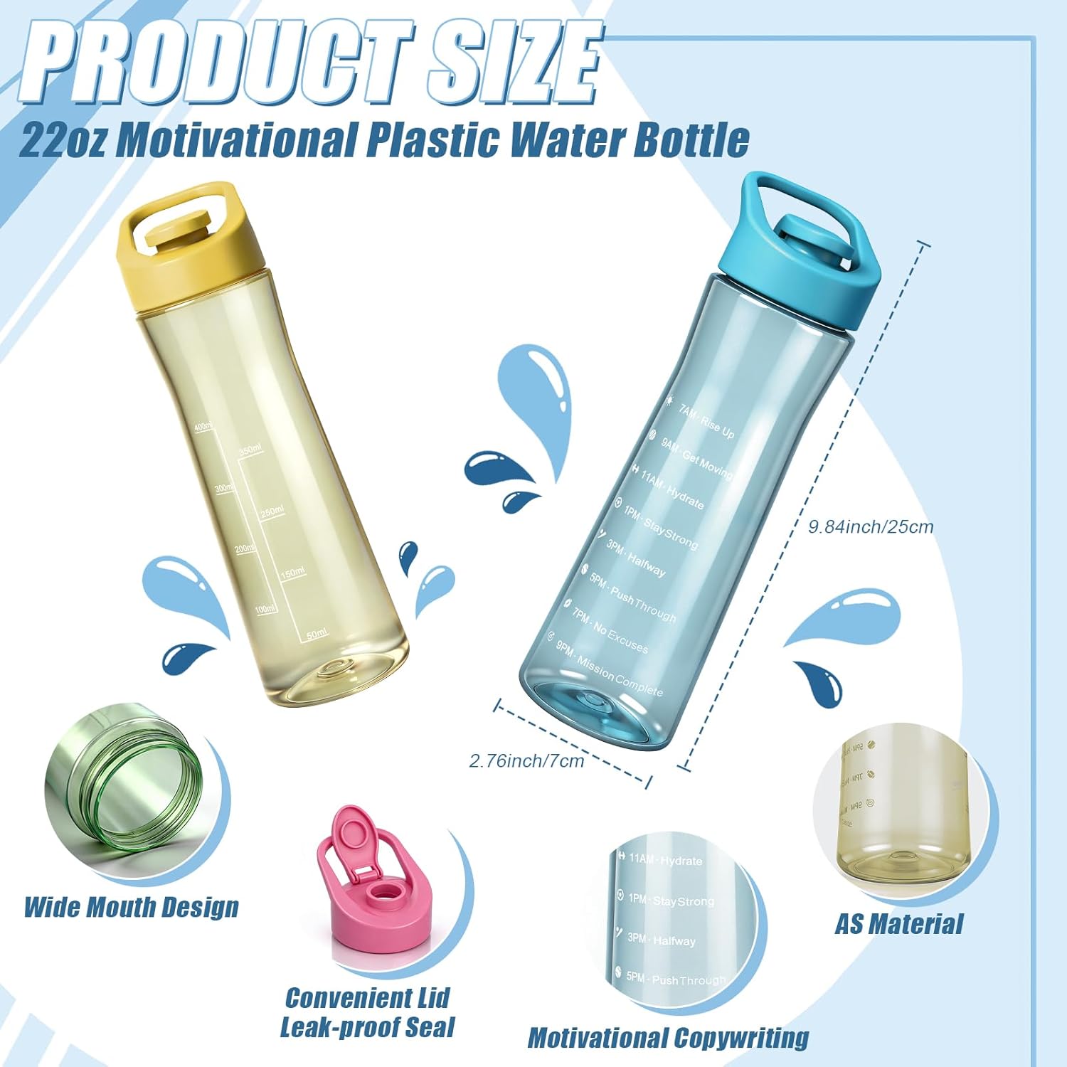 30 Pcs Motivational Plastic Water Bottle Bulk with Timeline 22 oz Water Bottles Reusable Leak Proof Flip Top Sports Bottles with Handle for Summer Gym Travel Gift(Black)