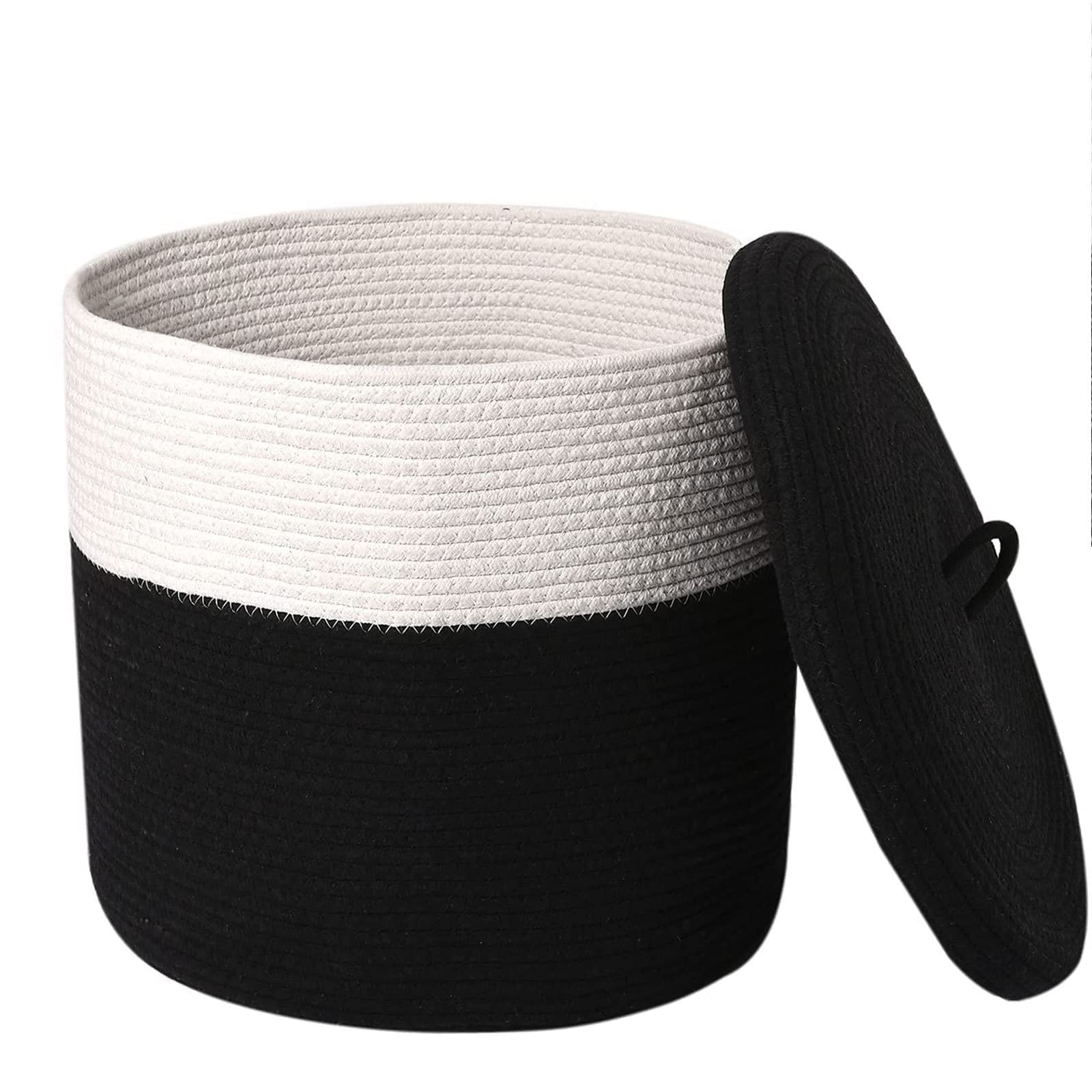 Cesto portaoggetti in Tessuto con Coperchio Cestino in Corda Naturale Cestino Decorativo in Cotone per Coperte Giocattoli Vestiti Portaoggetti con Manici, 15,4" D x 13,8" H,Black