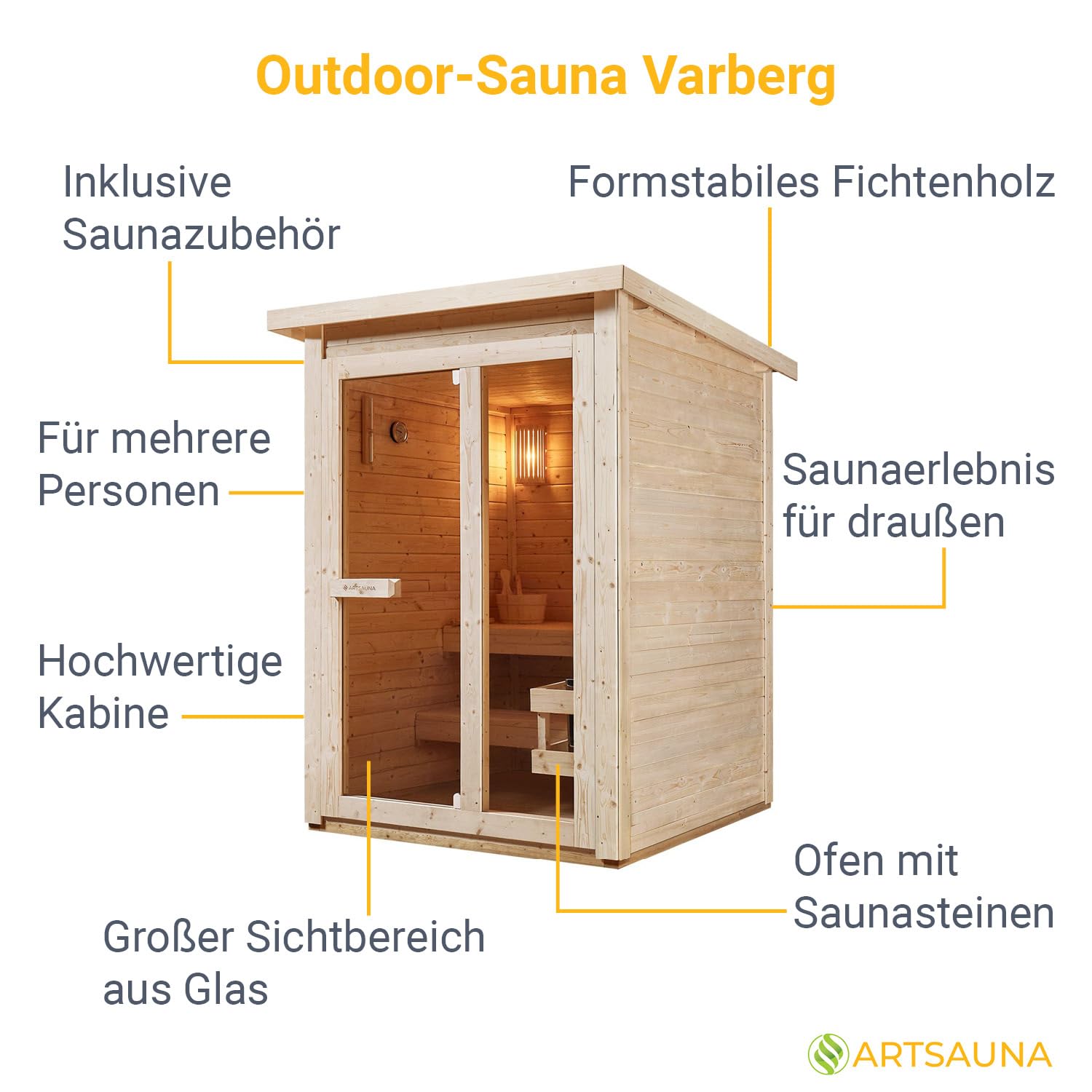 Artsauna Varberg Gartensauna 145 x 150 cm 4,5 kW Ofen Fichtenholz Outdoorsauna für 2 Personen Komplettset
