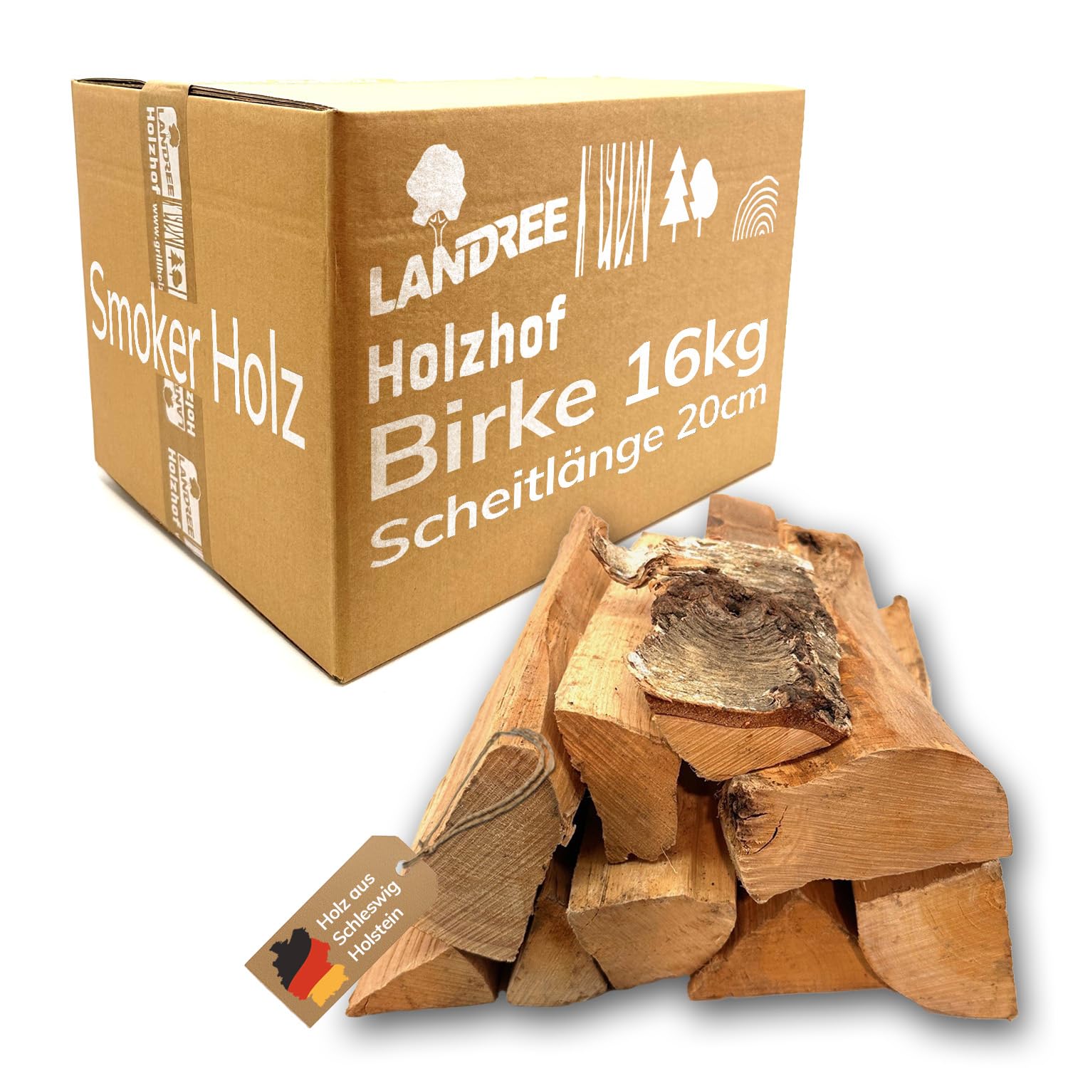 BIRKE Smokerholz 16kg, 20cm Scheitlänge - Süßlich-mildes Räucherholz für einzigartige BBQ-Aromen, naturbelassen, Qualität aus Schleswig Holstein