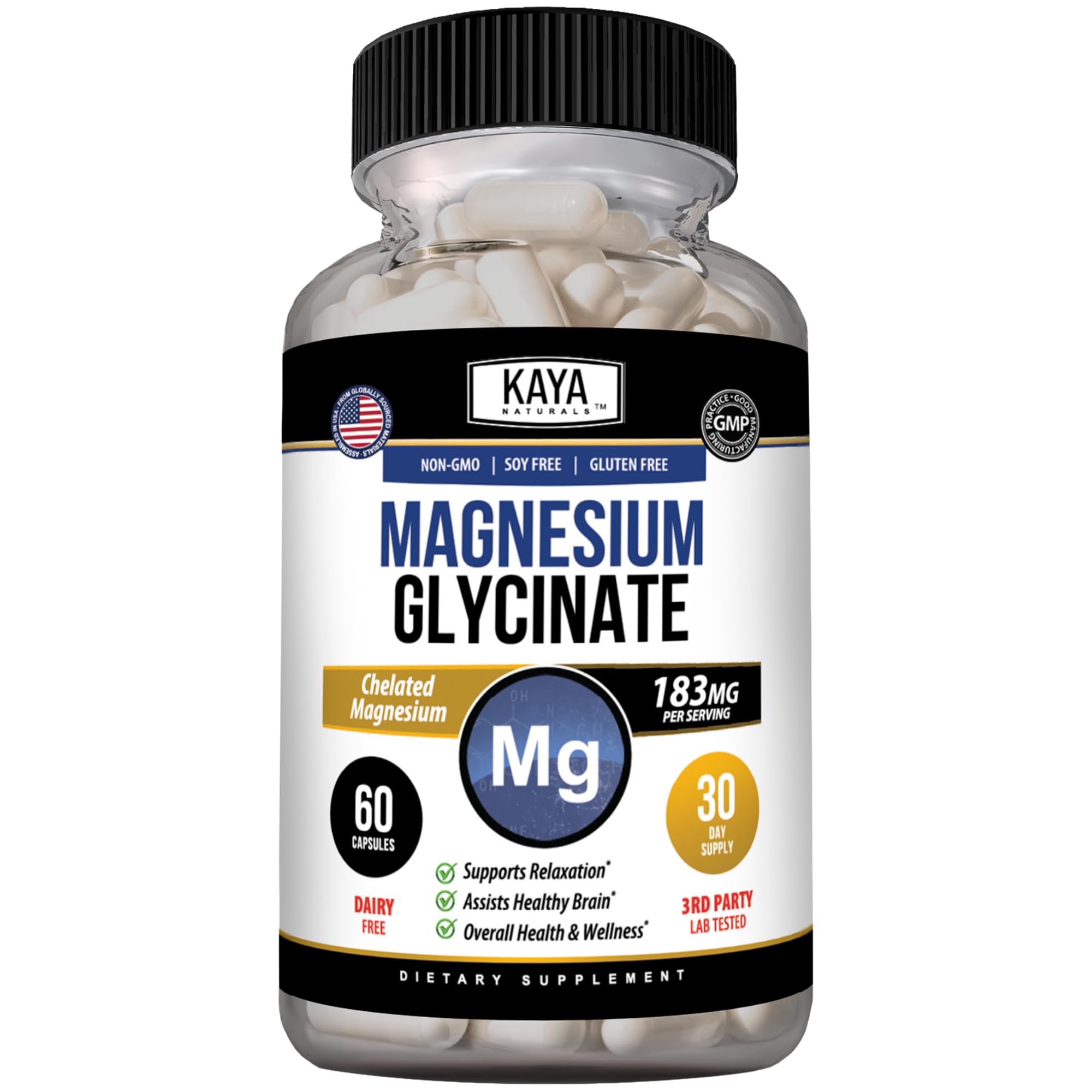 Kaya Naturals Magnesium Glycinate 183 mg per Serving, 60 Capsules 60 Count (Pack of 1)
