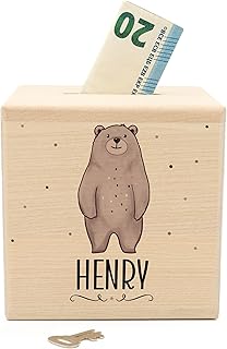 Muckelmeister Spardose Kinder Personalisiert mit Namen aus Holz - 10x10x10cm - Spardose mit Schloss und Schlüssel - Nikolaus Geschenk Kinder Weihnachten - originelle Geschenke zur Geburt - Bär