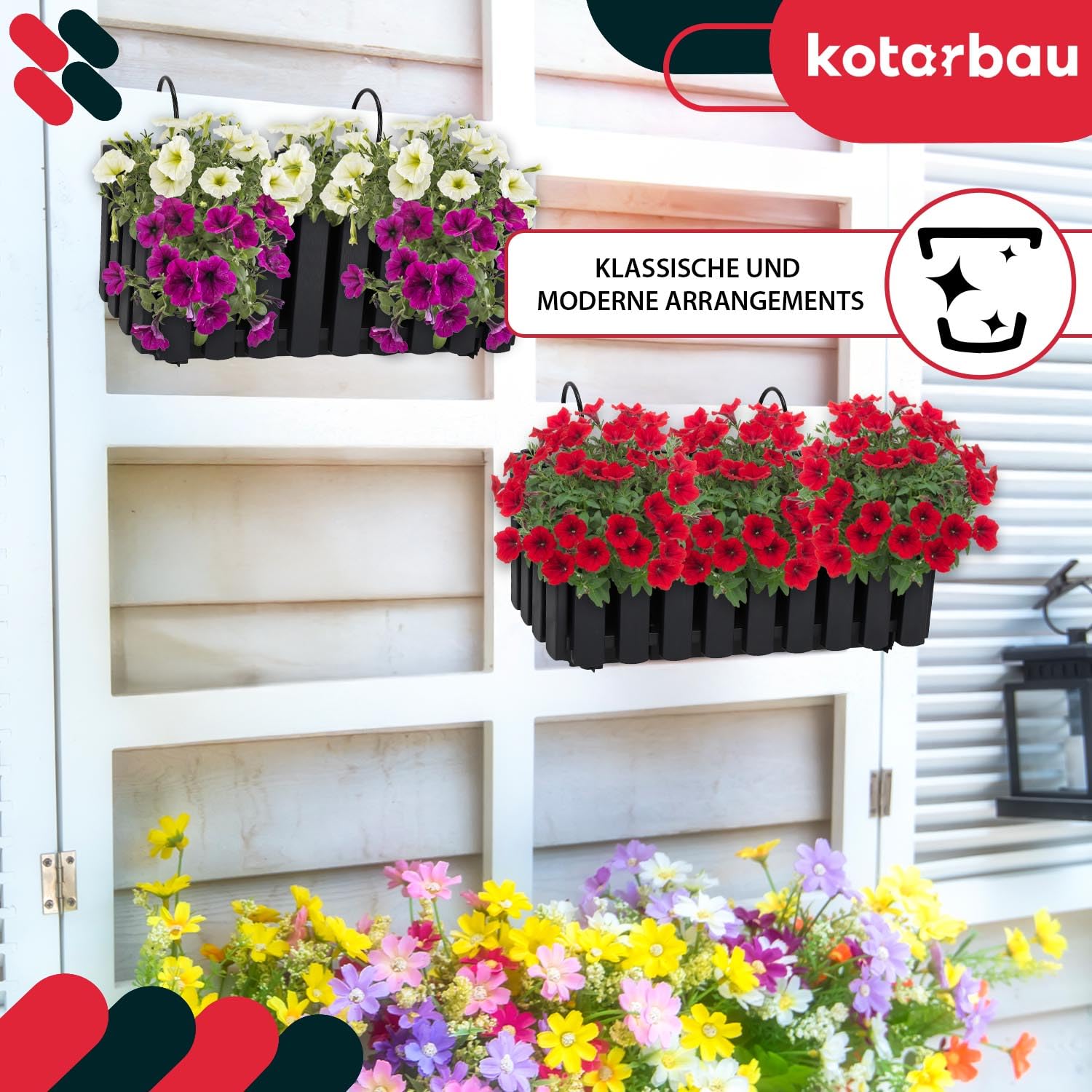 KOTARBAU® 6 szt. Doniczka - Skrzynka Balkonowa - 38 x 18 x 16 cm - na Taras - z Hakami - System Nawadniania - Antracyt