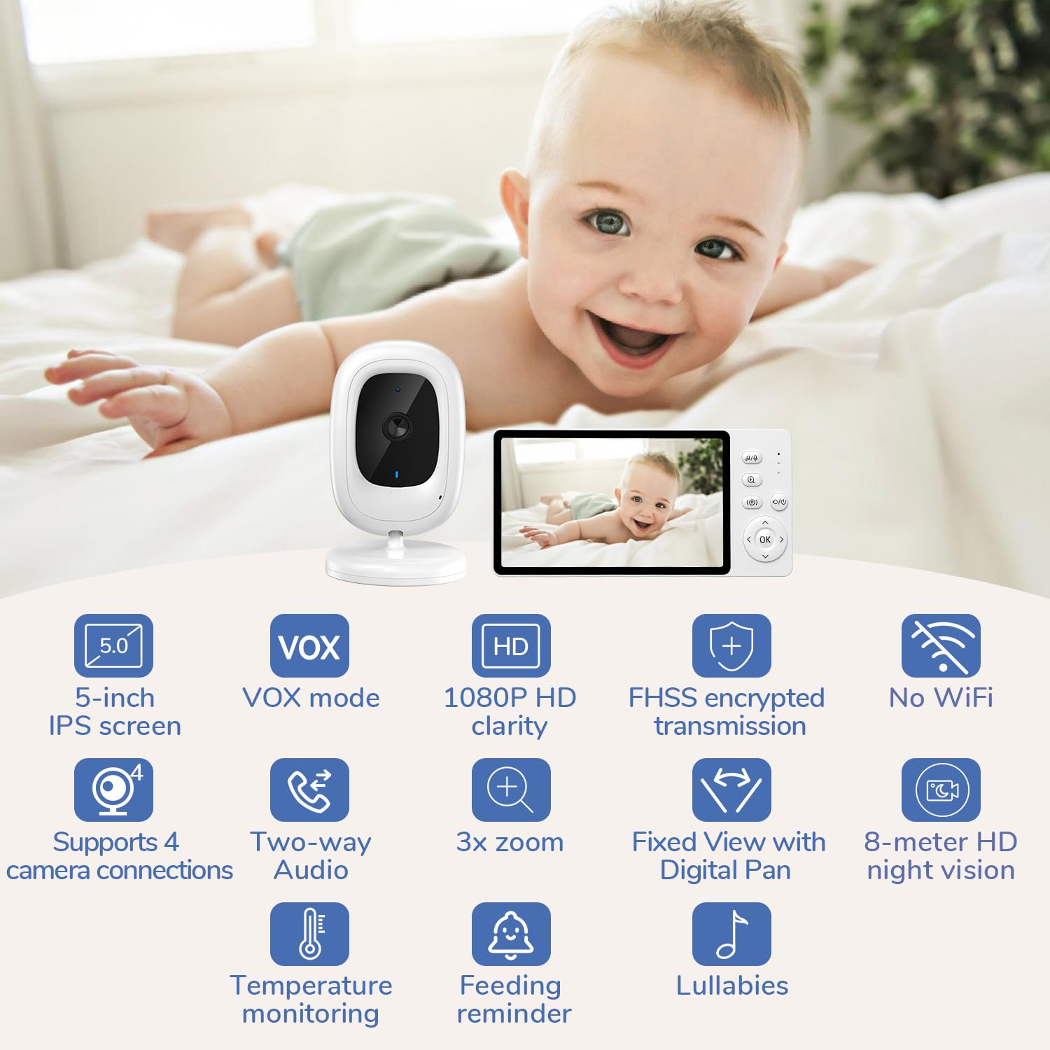 Baby Monitor no WiFi, 5” 1080p IPS Screen, 3050mAh Night Vision, 2-Way Audio, Temperature Sensor and Lullabies - 3