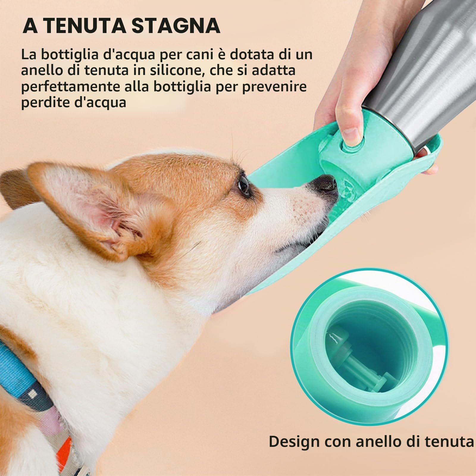 Borraccia per cani, 750 ml, pieghevole, 180°, portatile, per animali domestici, in acciaio inox, per cani (verde, 1)