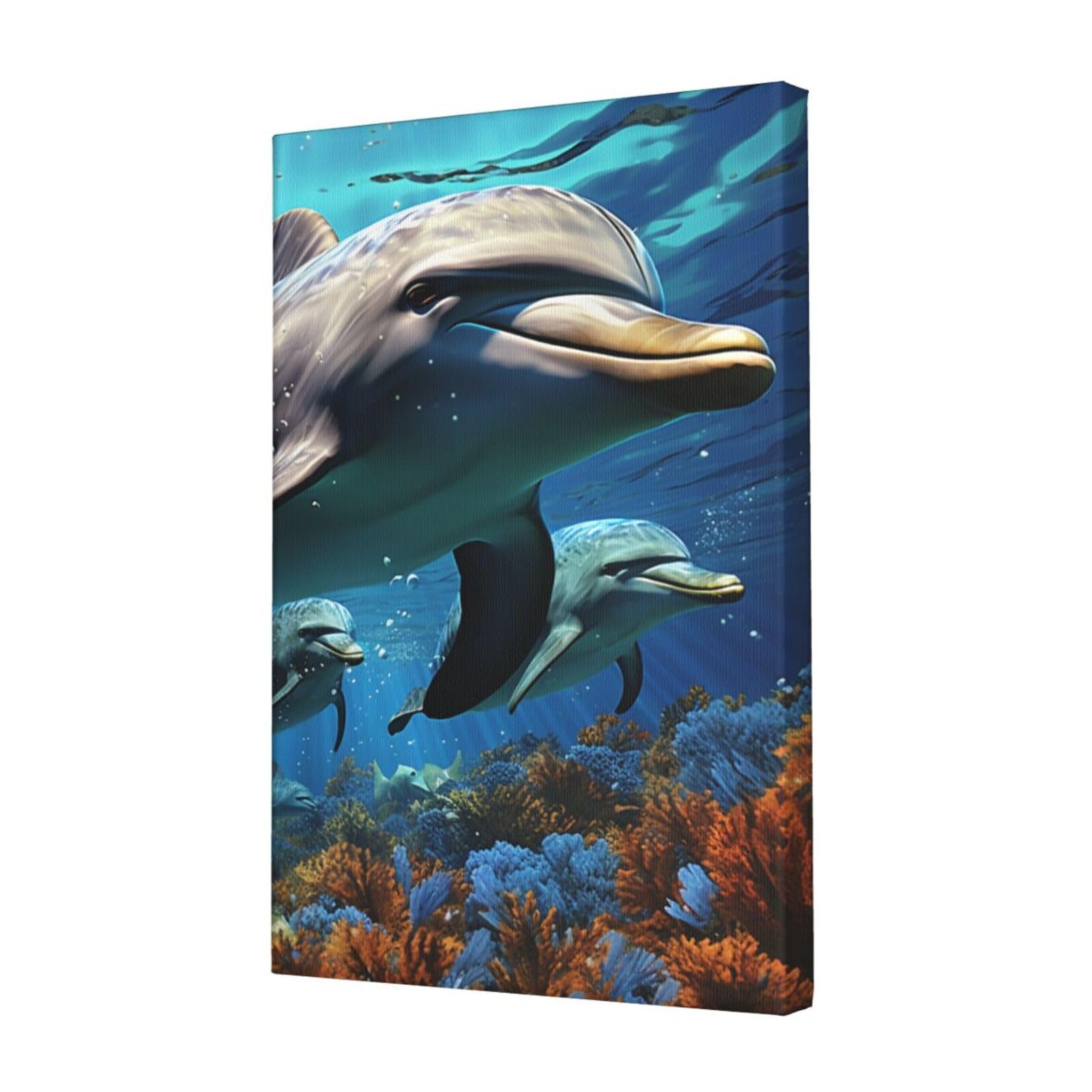 FodPand Dolphins Canvas Wall Art for Living Room Wall Decor 12"x18" Modern Artwork Painting Pictures Hanging Canvas Prints Aesthetic Wall Art for Bedroom Bathroom Office Wallart Decor