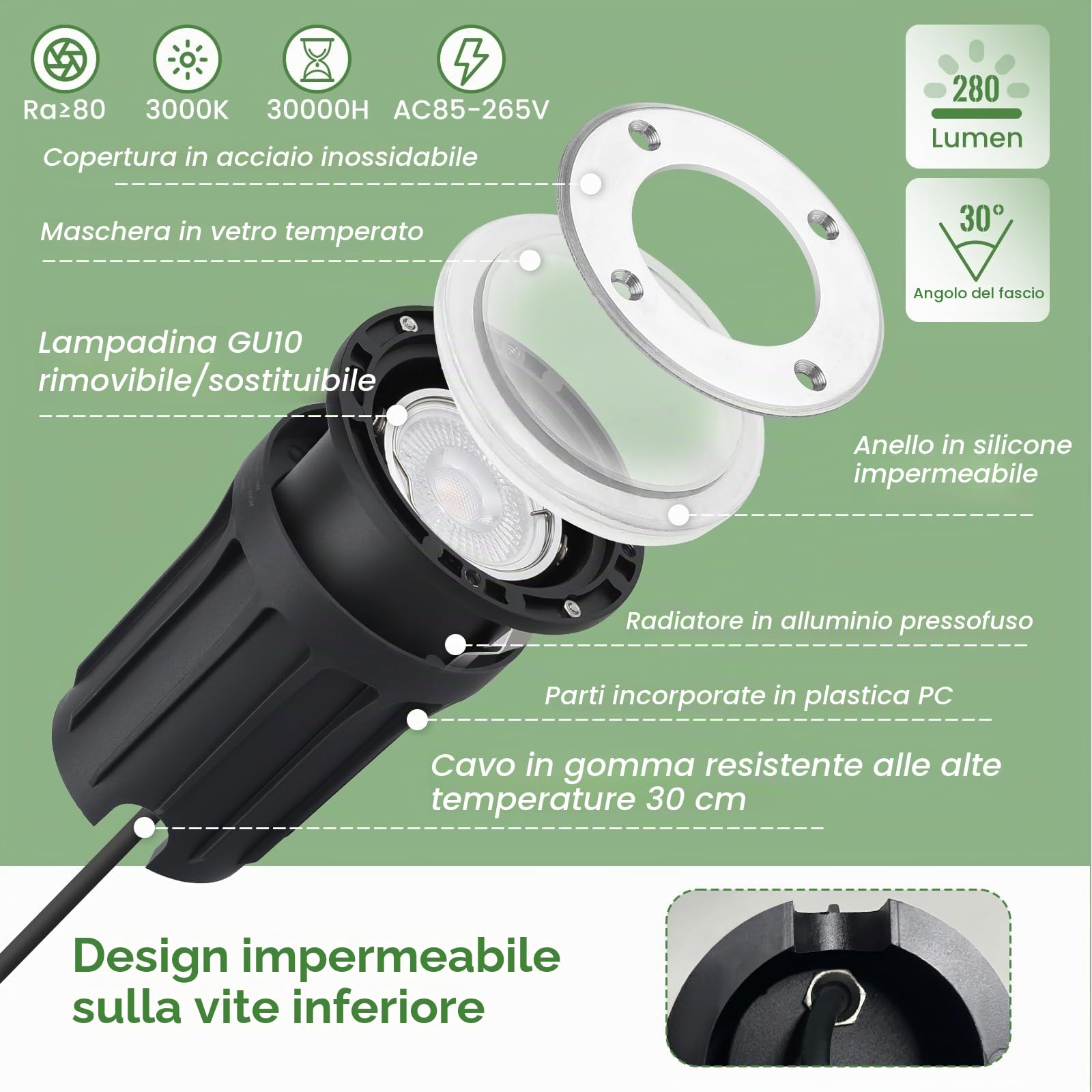 4pcs Segnapasso Led Esterno per Gu10 3w 230v Bianco Caldo 3000k, IP67 Impermeabile Faretto Segnapasso da Esterno, Faretti Incasso Esterni per Esterni, Giardino, Terrazza, Cortile, Passerella